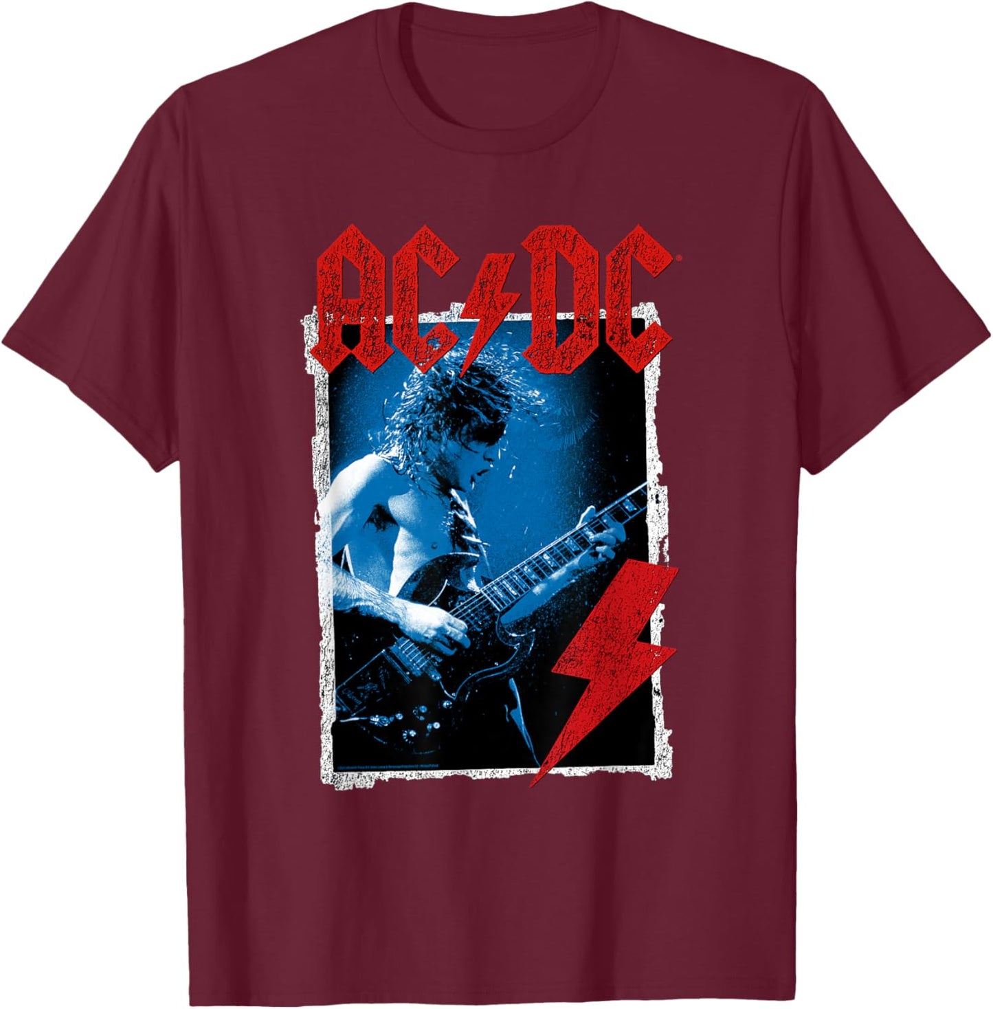 AC/DC Angus Young Blue Photo by Michael Putland T-Shirt - T-Shirt | Maroon