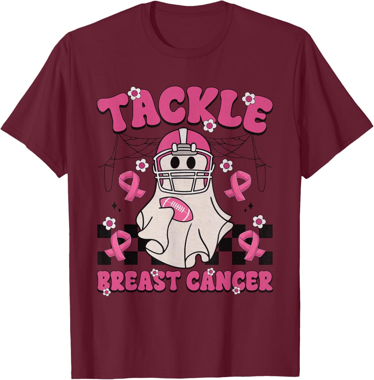 Tackle Breast Cancer Football Funny Ghost Pink Halloween T-Shirt - T-Shirt | Maroon