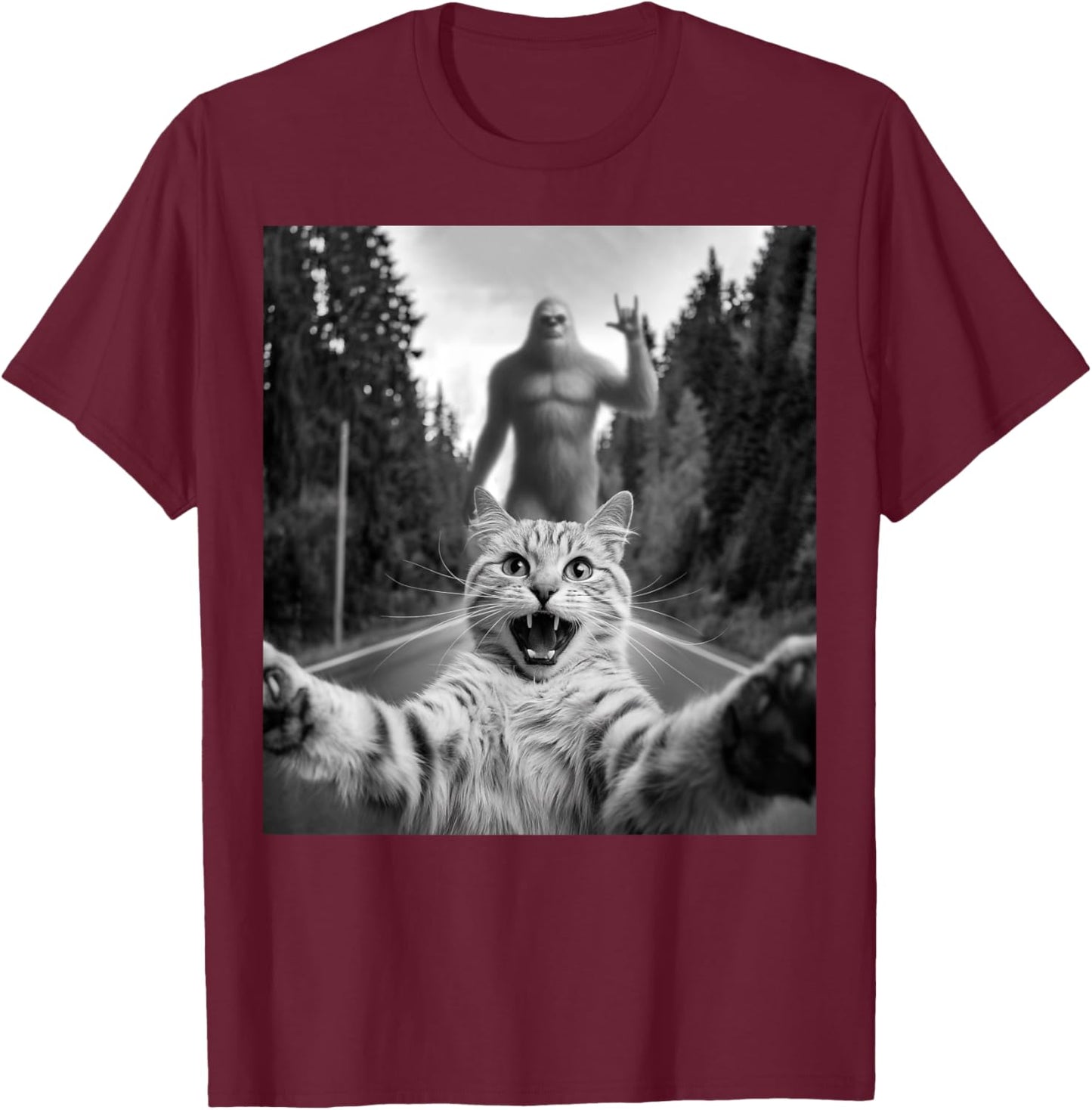 Cat Selfie With Bigfoot Funny Cat Gifts Women Kids T-Shirt - T-Shirt | Maroon