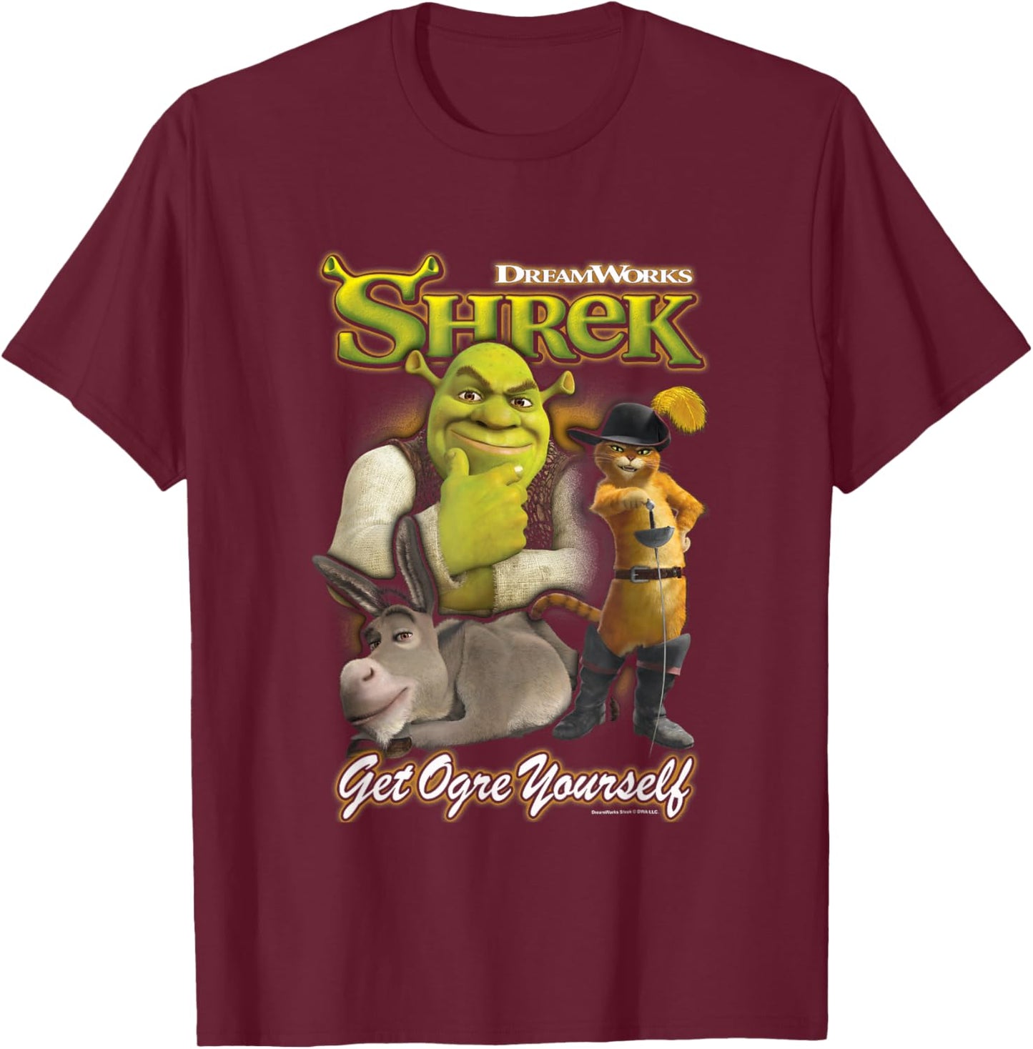 Shrek Get Ogre Yourself Donkey Shrek Puss in Boots 90's Logo T-Shirt - T-Shirt | Maroon