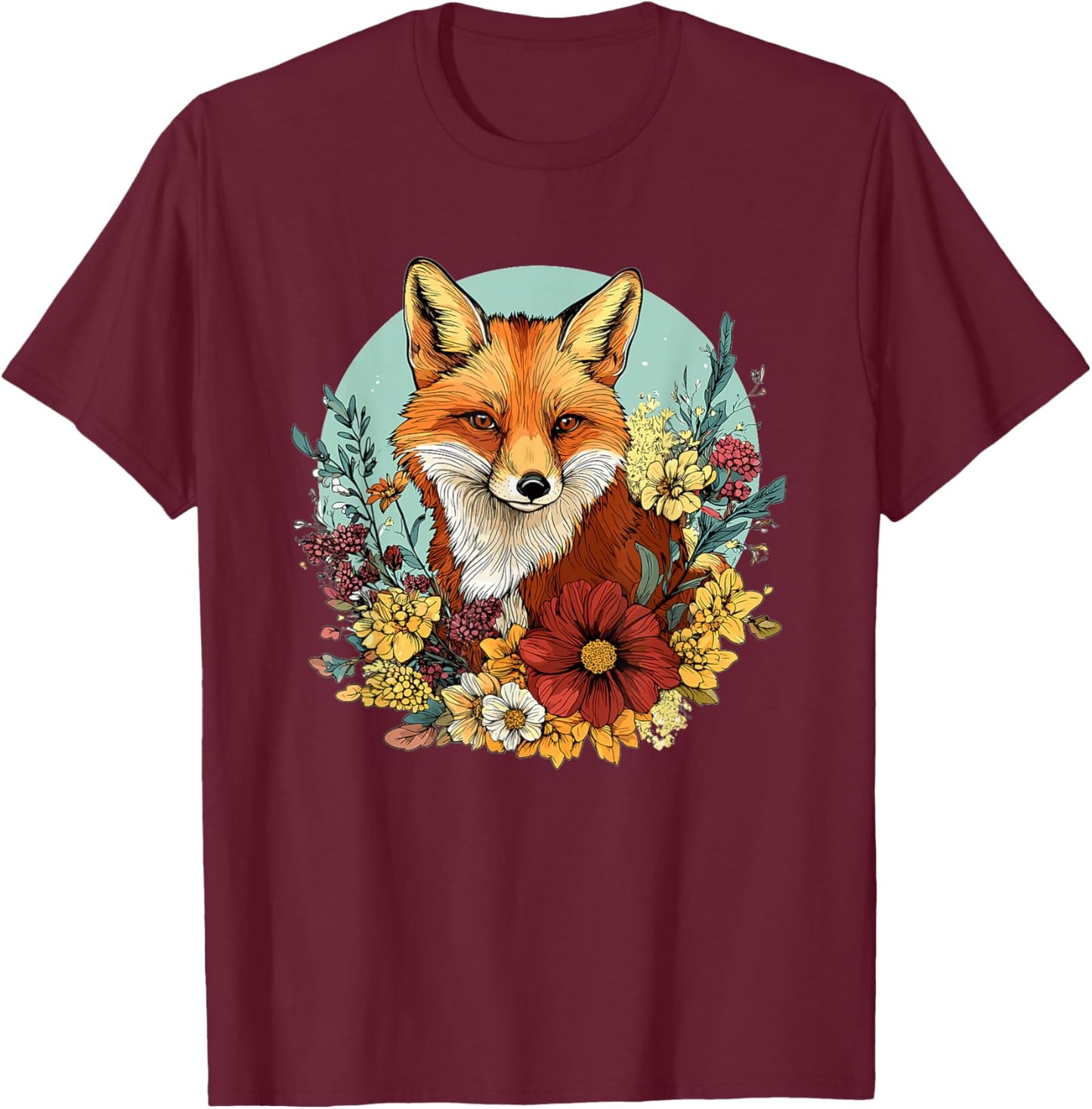 Fox Surrounded By Wildflowers Beautifully T-Shirt - T-Shirt | Maroon