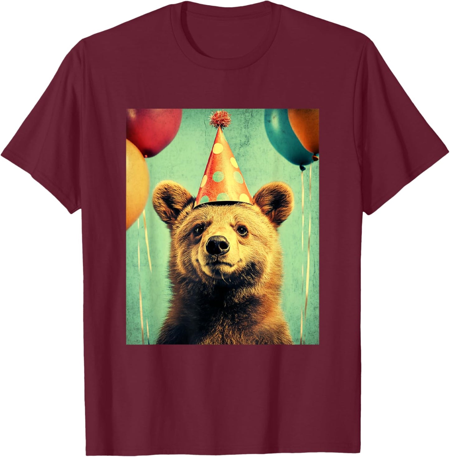 Bear Retro Art Print Birthday Party Balloons & Party Hat T-Shirt - T-Shirt | Maroon