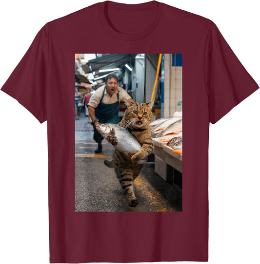 Funny Cat Stealing Fish T-Shirt - T-Shirt | Maroon