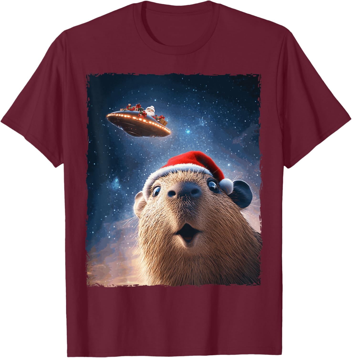 Funny Capybara Selfie Santa Ufo Xmas Christmas T-Shirt - T-Shirt | Maroon