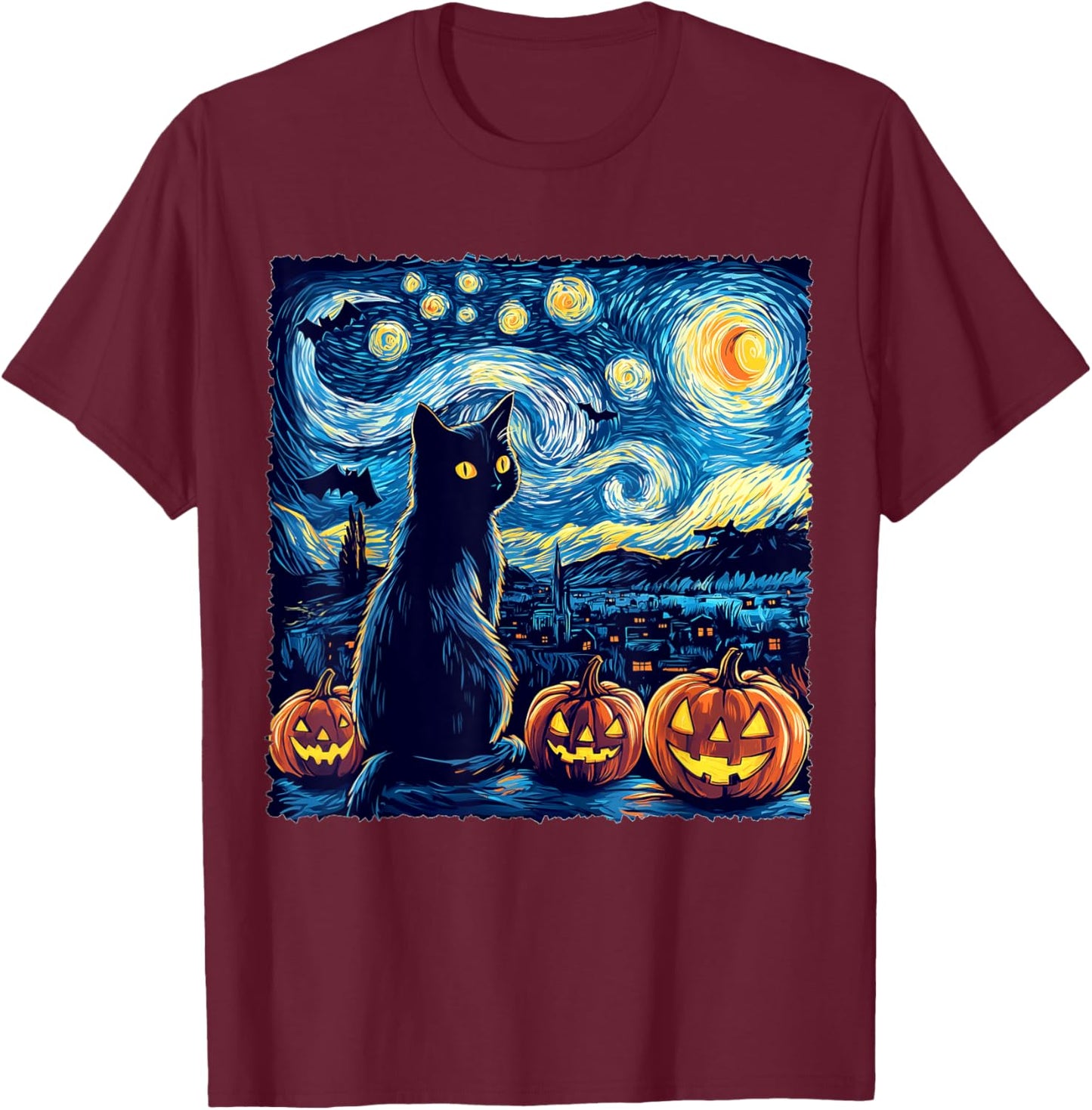 Cat Starry Night Van Gogh Cat For Cat Lover Cat Dad Cat Mom T-Shirt - T-Shirt | Maroon