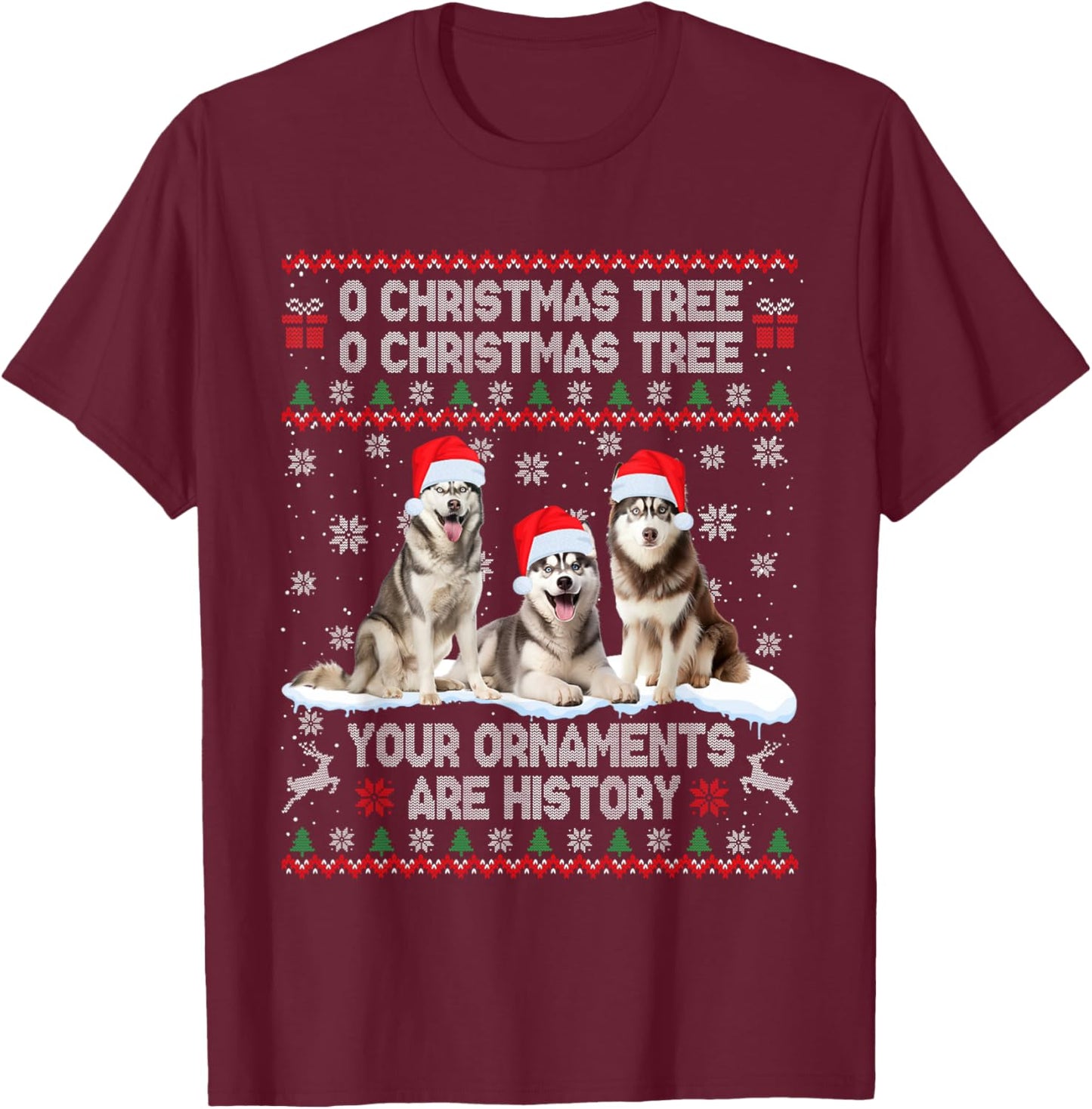Siberian Husky Dog Ugly Sweater Christmas Light Xmas Pajama T-Shirt - T-Shirt | Maroon