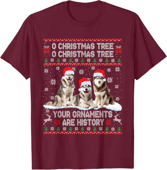 Siberian Husky Dog Ugly Sweater Christmas Light Xmas Pajama T-Shirt - T-Shirt | Maroon