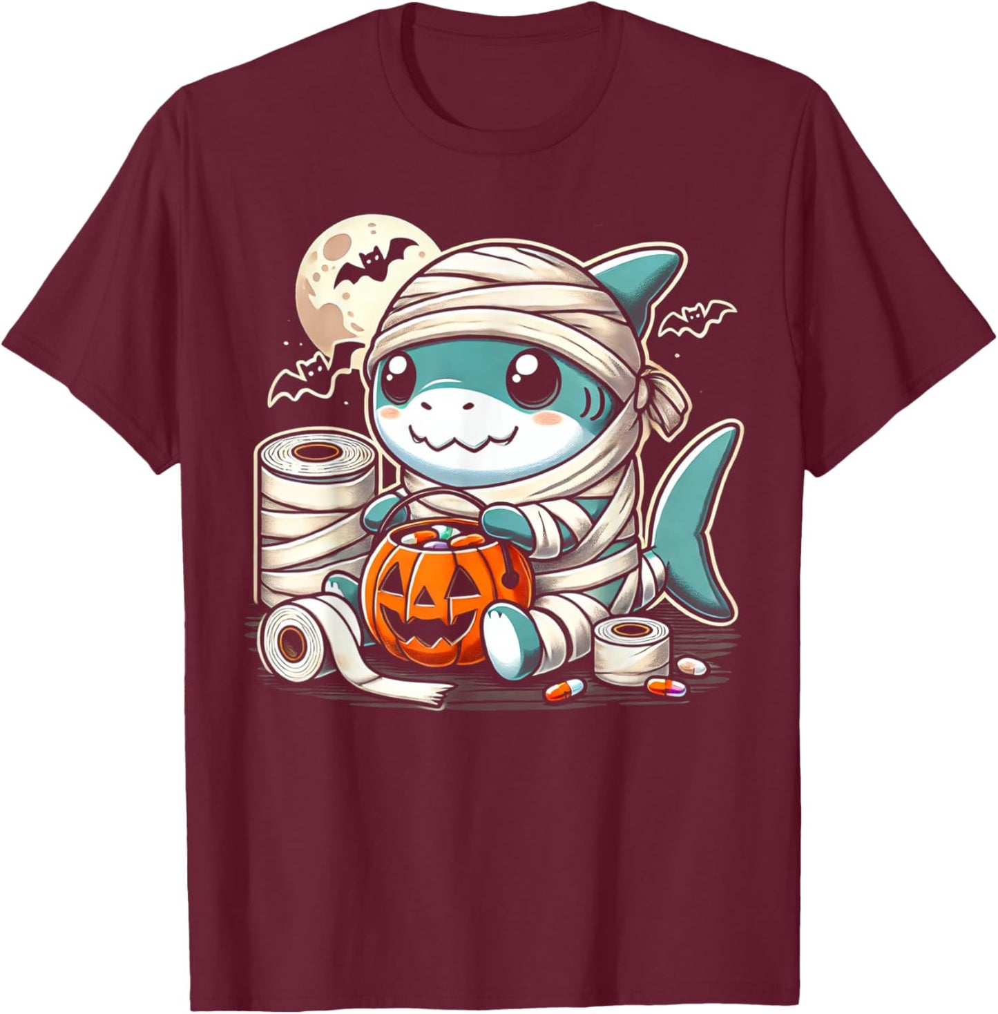 shark Halloween Mummy Cute Design All Ages T-Shirt - T-Shirt | Maroon