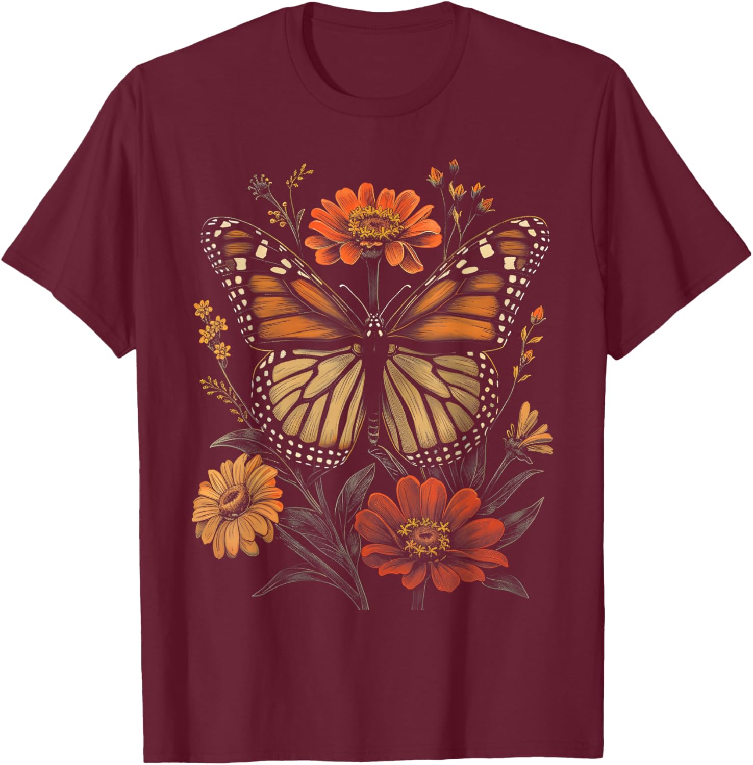 Vintage Monarch Butterfly Zinnias Flower Girl Plant Mom T-Shirt - T-Shirt | Maroon