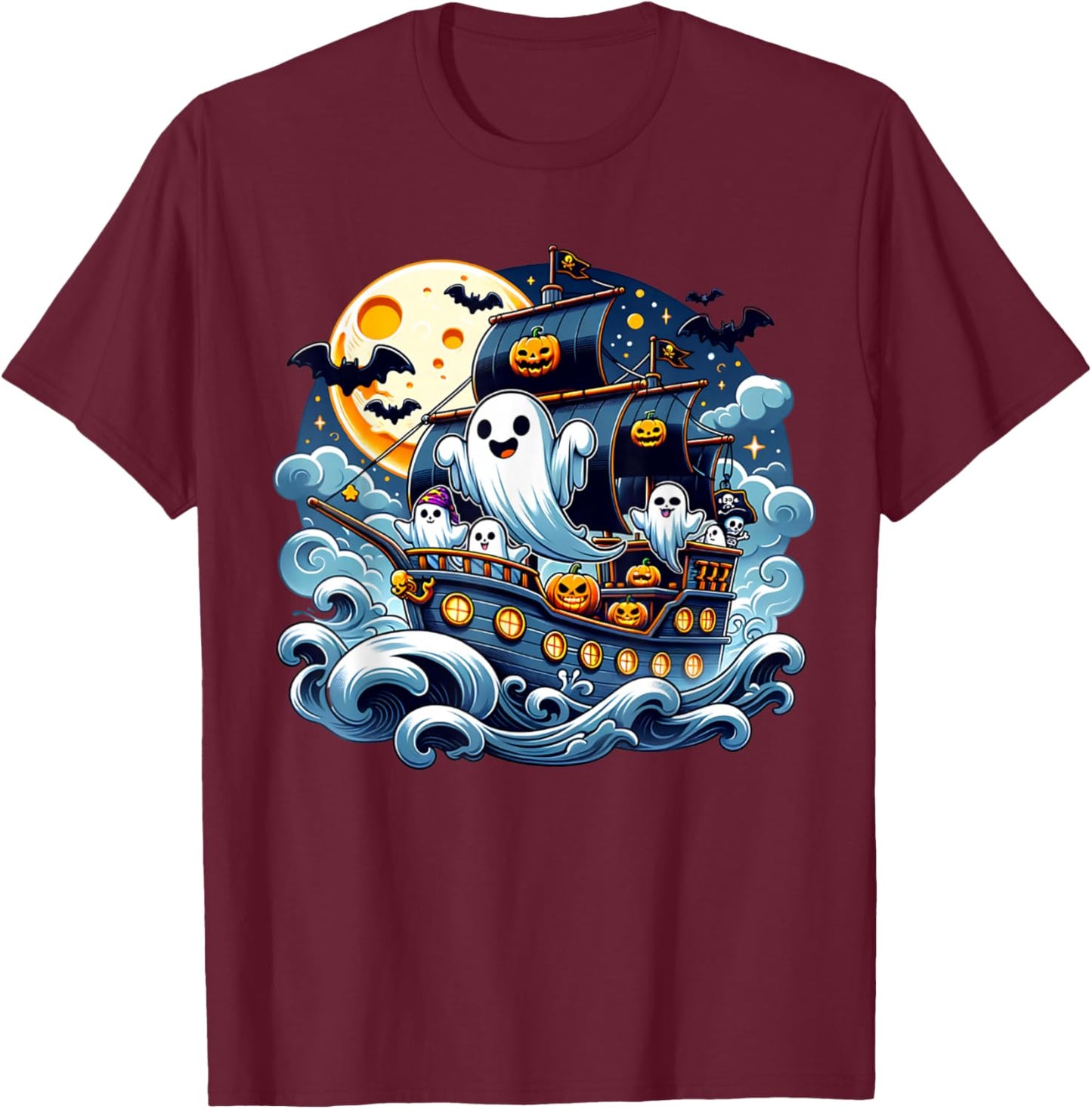 Halloween Spooky Ghost Pirate Ship Adventure Ghost Ship T-Shirt - T-Shirt | Maroon