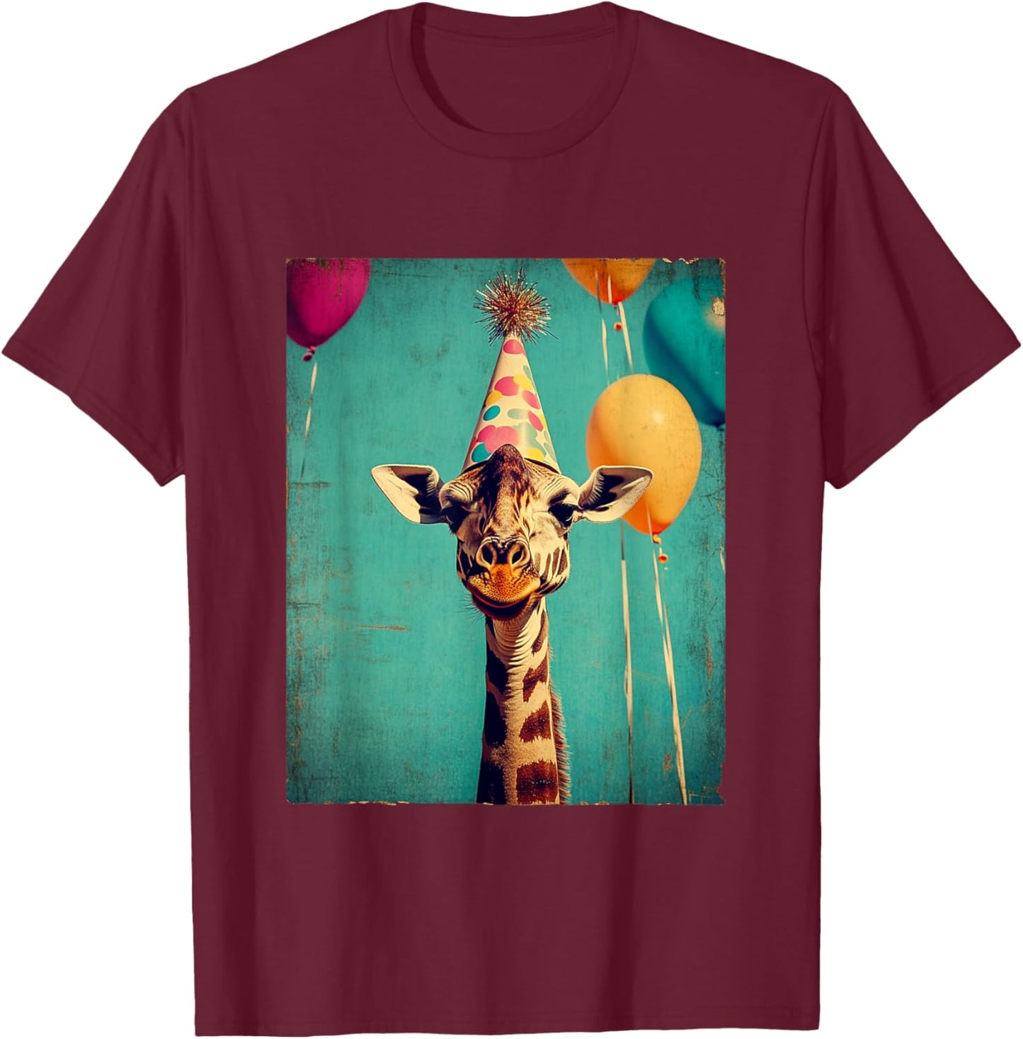 Giraffe Animal Zoo Birthday Party Apparel -Kids Retro Art Print Giraffe Birthday Party Black Short Sleeve Small T-Shirt - T-Shirt | Maroon