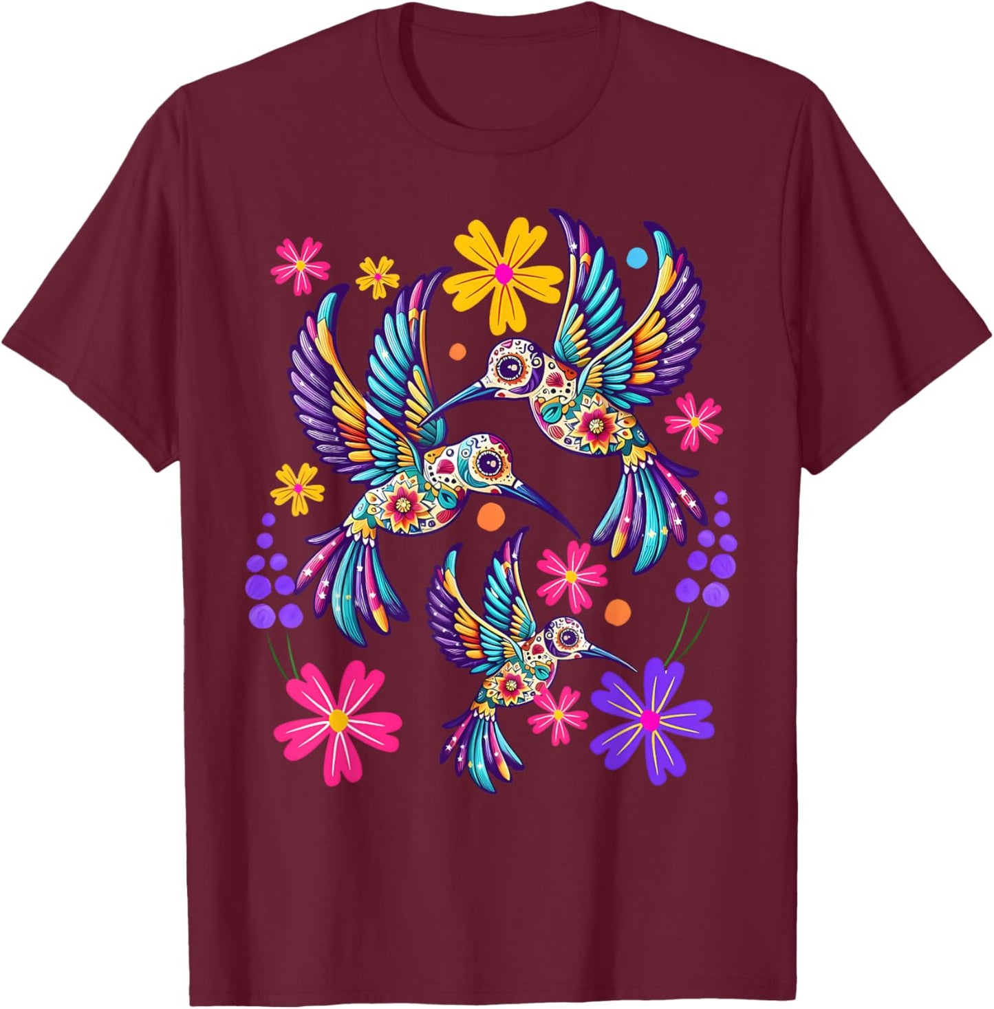 Hummingbird Colorful Mexican Flowers Bird Floral Nature T-Shirt - T-Shirt | Maroon