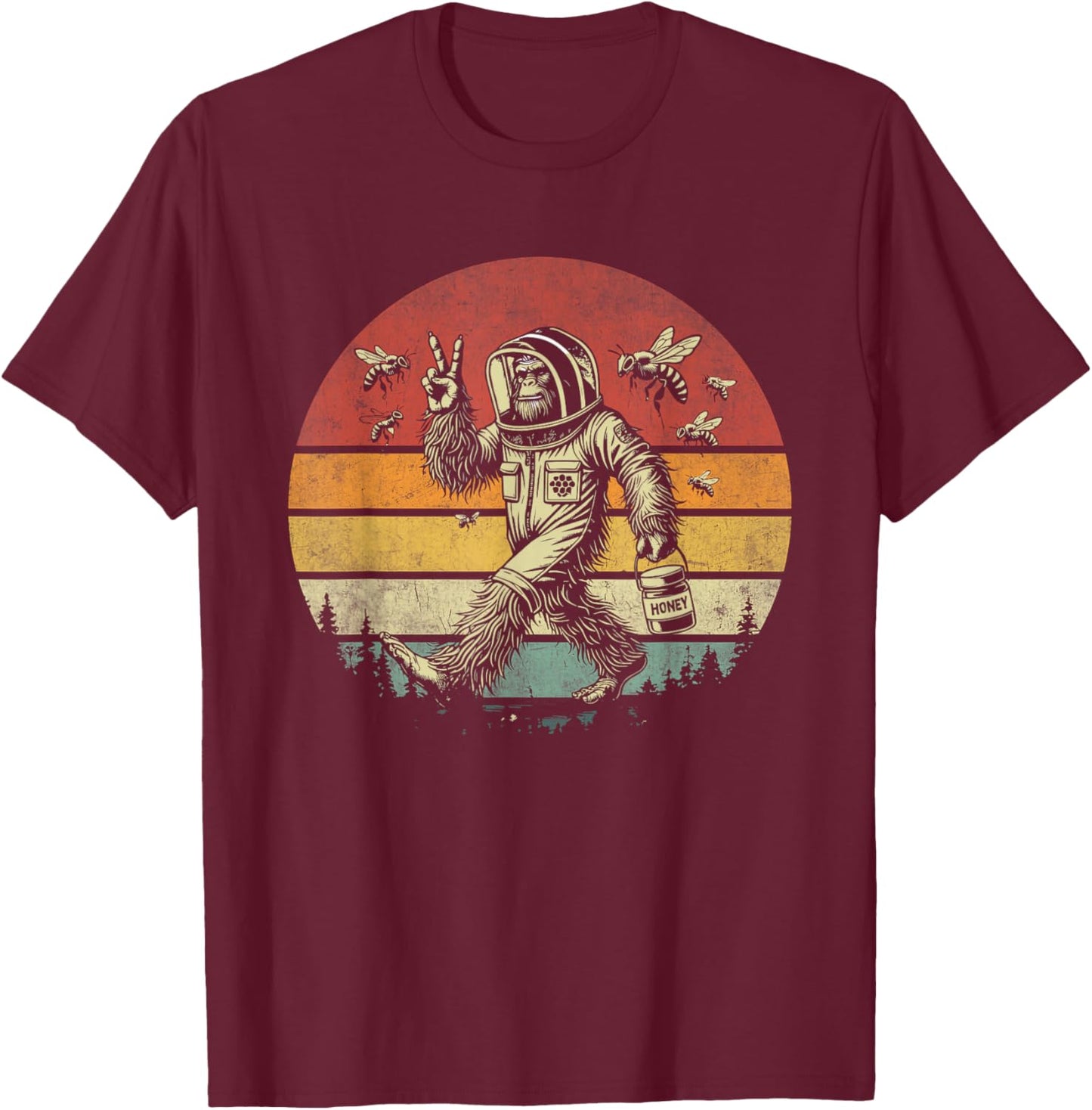 Bigfoot Beekeeper Funny Retro Honey Sasquatch Beekeeping T-Shirt - T-Shirt | Maroon