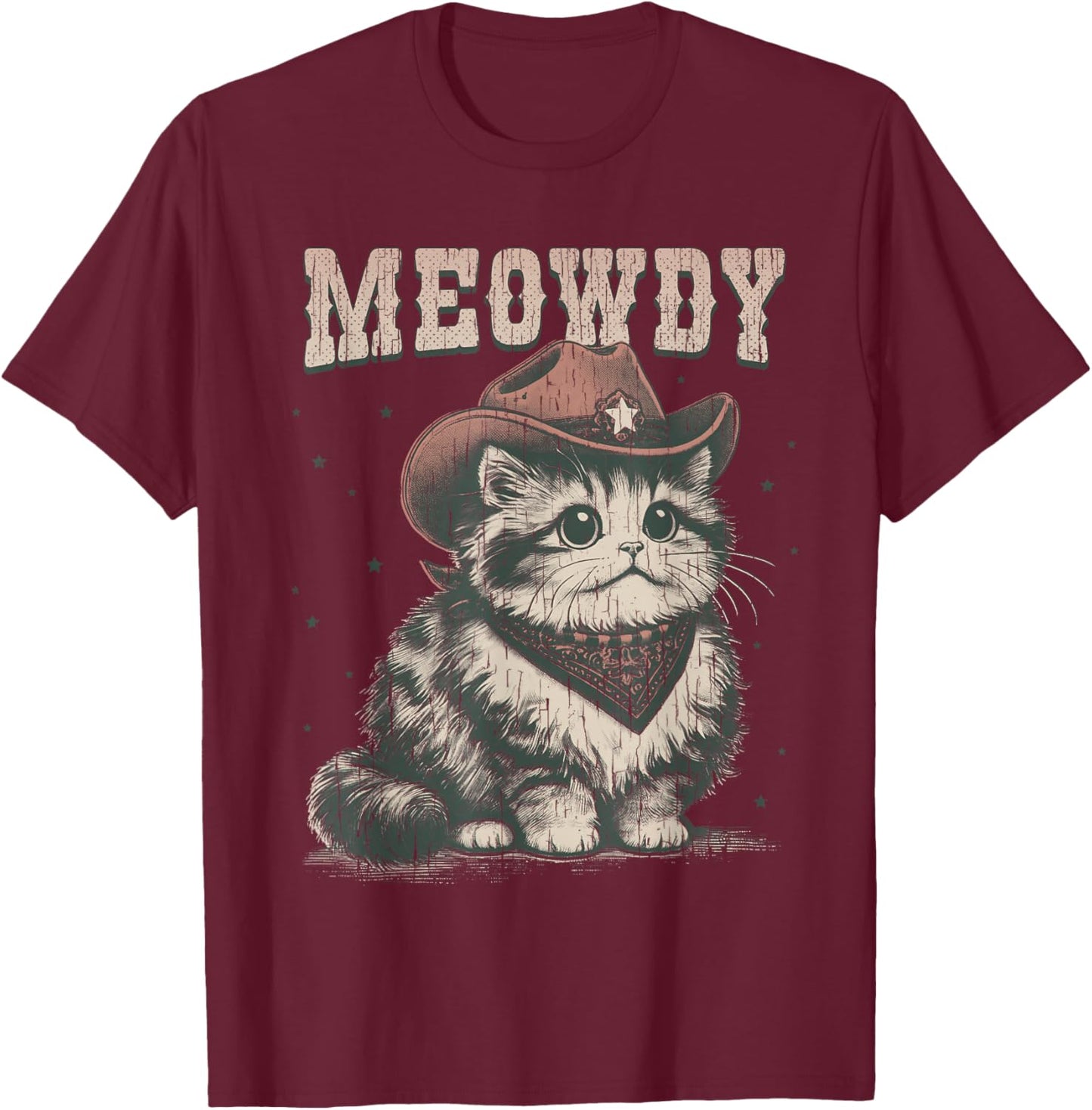Meowdy Cat Cowboy Hat Funny Vintage Graphic T-Shirt - T-Shirt | Maroon