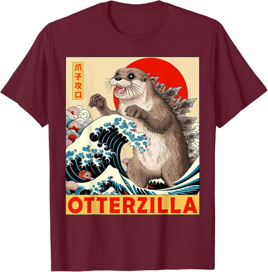 Otterzilla Apparel Gifts Graphic Japanese Art Funny Otter Lover Adults Kids Black Short Sleeve T-Shirt - T-Shirt | Maroon