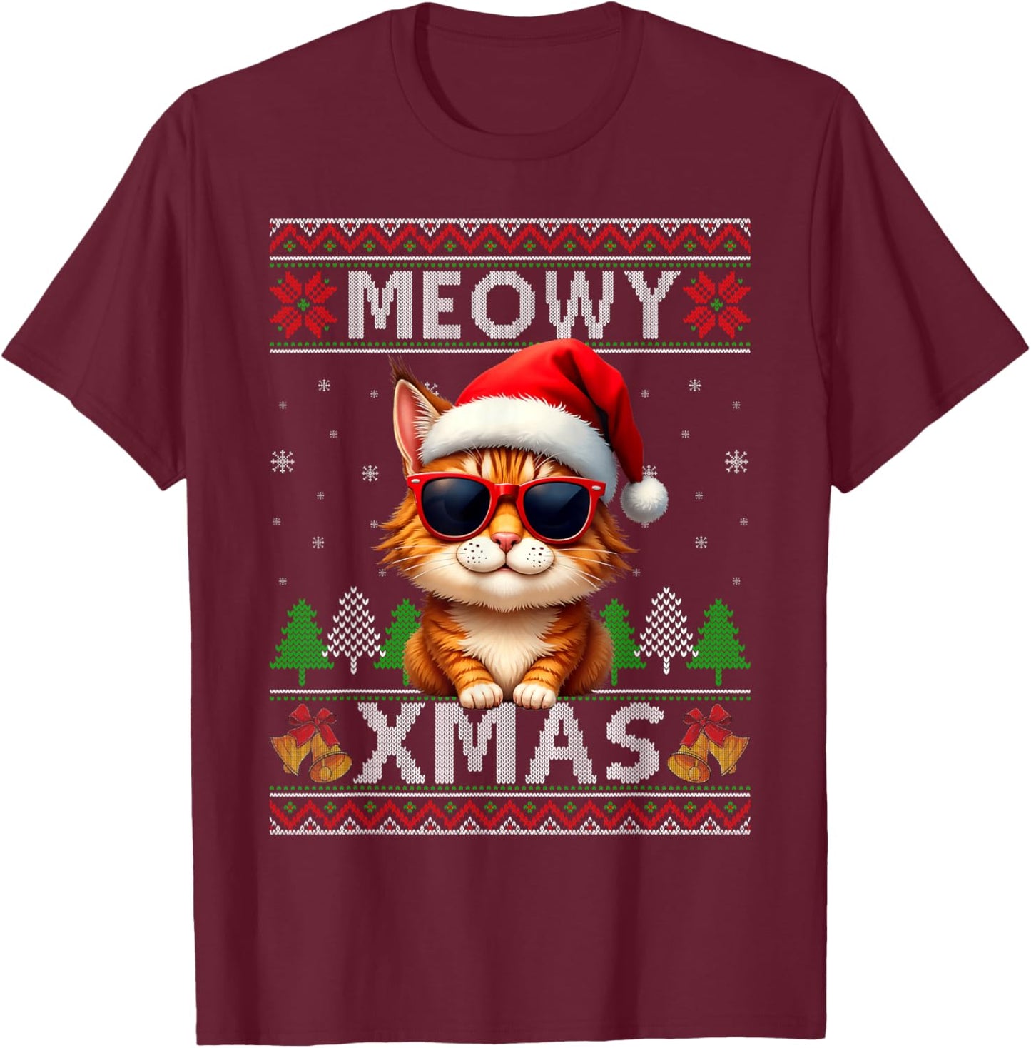 Meowy Xmas Cat Sunglasses Xmas Lights Ugly Christmas Sweater T-Shirt - T-Shirt | Maroon