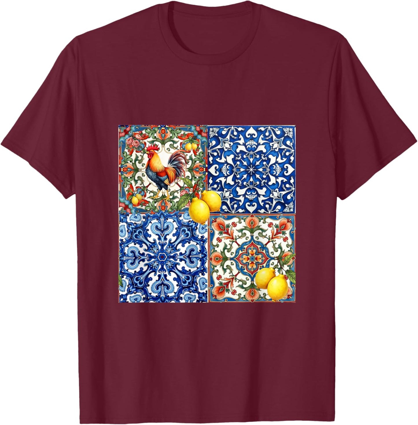 Rooster bird, Italian style,citrus,lemon,folklore pattern T-Shirt - T-Shirt | Maroon