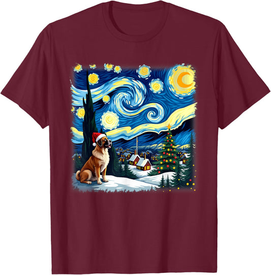 Christmas Saint Bernard Dog Starry Night T-Shirt - T-Shirt | Maroon