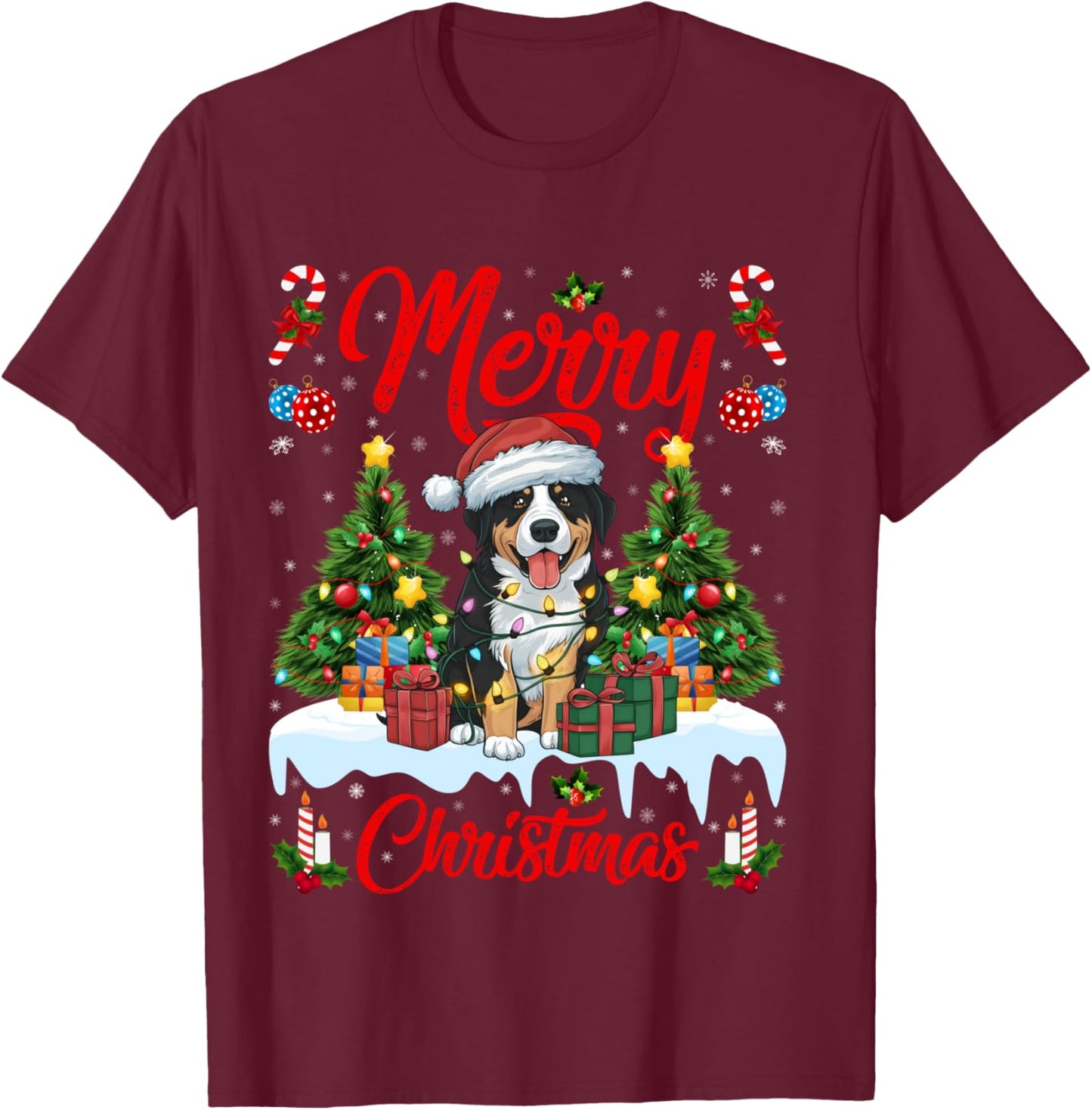 Xmas Tree Lighting Greater Swiss Mountain Dogs Christmas T-Shirt - T-Shirt | Maroon