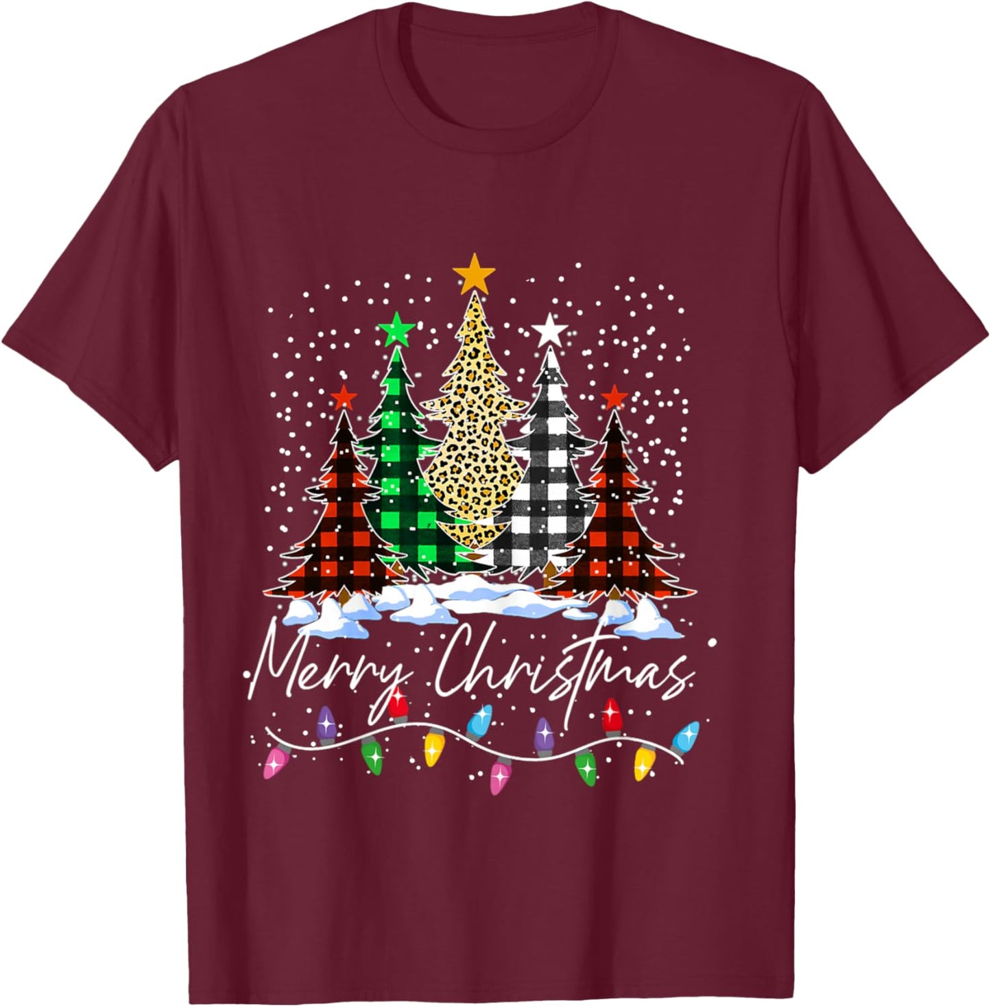 Merry Christmas Trees With Buffalo Red Plaid Leopard Xmas T-Shirt - T-Shirt | Maroon