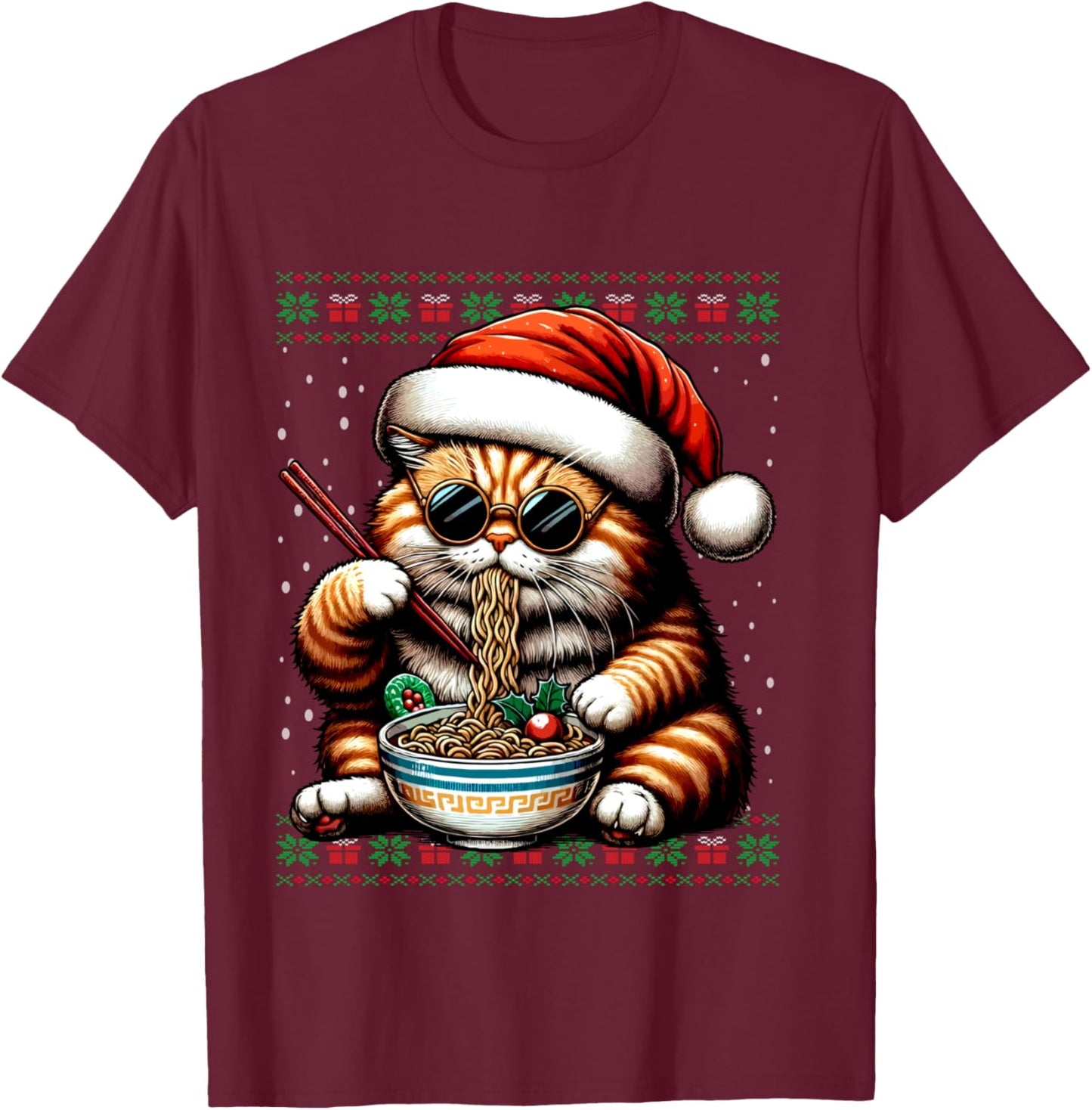 Christmas Cat Eating Ramen Ugly Christmas Sweater T-Shirt - T-Shirt | Maroon