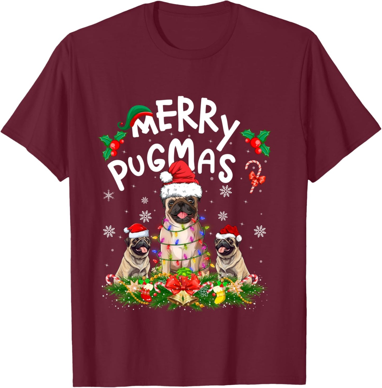 Merry Pugmas Xmas Lighting Santa Pug Dog Christmas T-Shirt - T-Shirt | Maroon