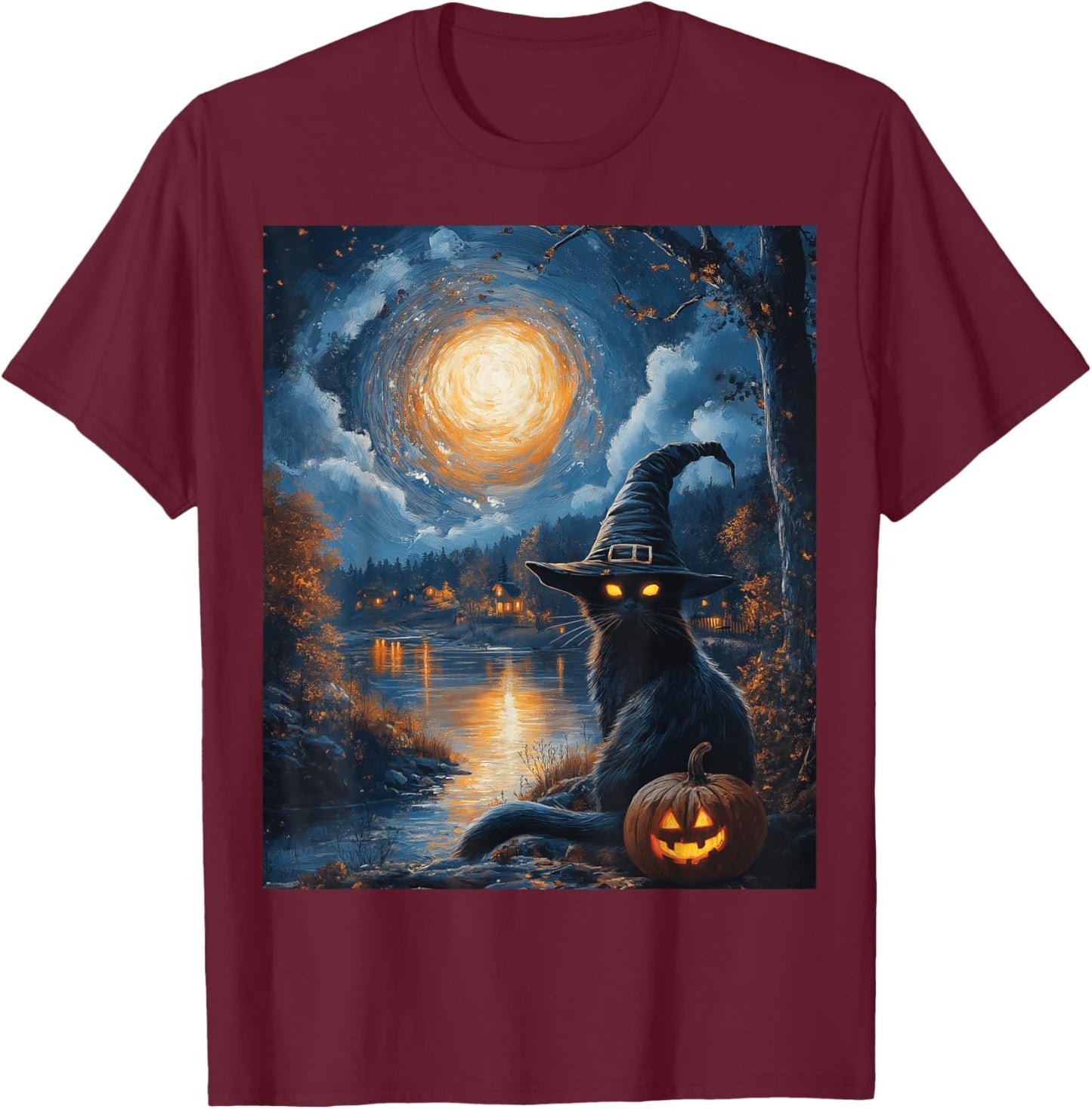 Halloween Van Gogh Starry Night Black Cat Pumpkin Spooky T-Shirt - T-Shirt | Maroon