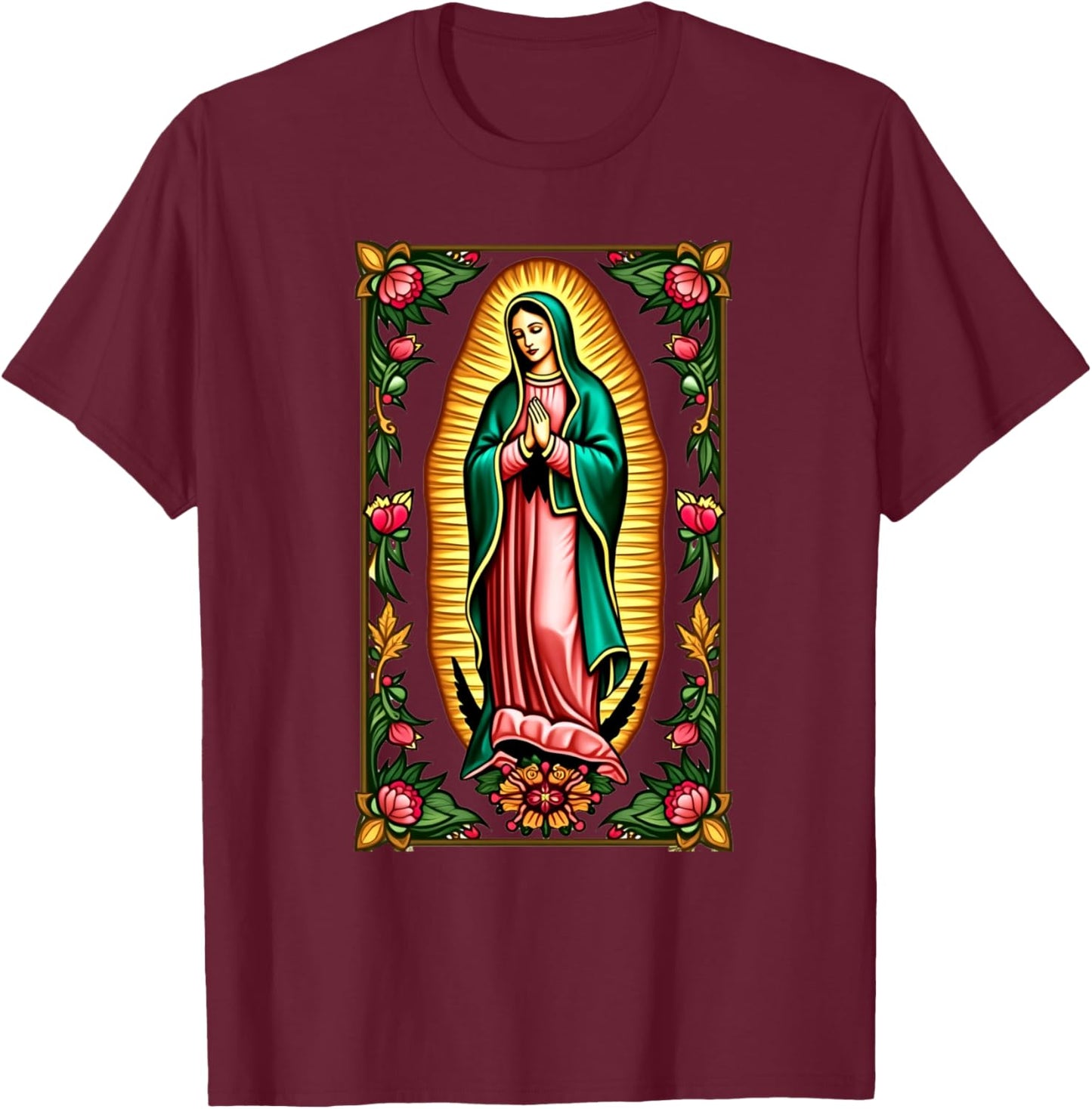 Our Lady Virgen De Guadalupe Virgin Mary Catholic Saint Art T-Shirt - T-Shirt | Maroon