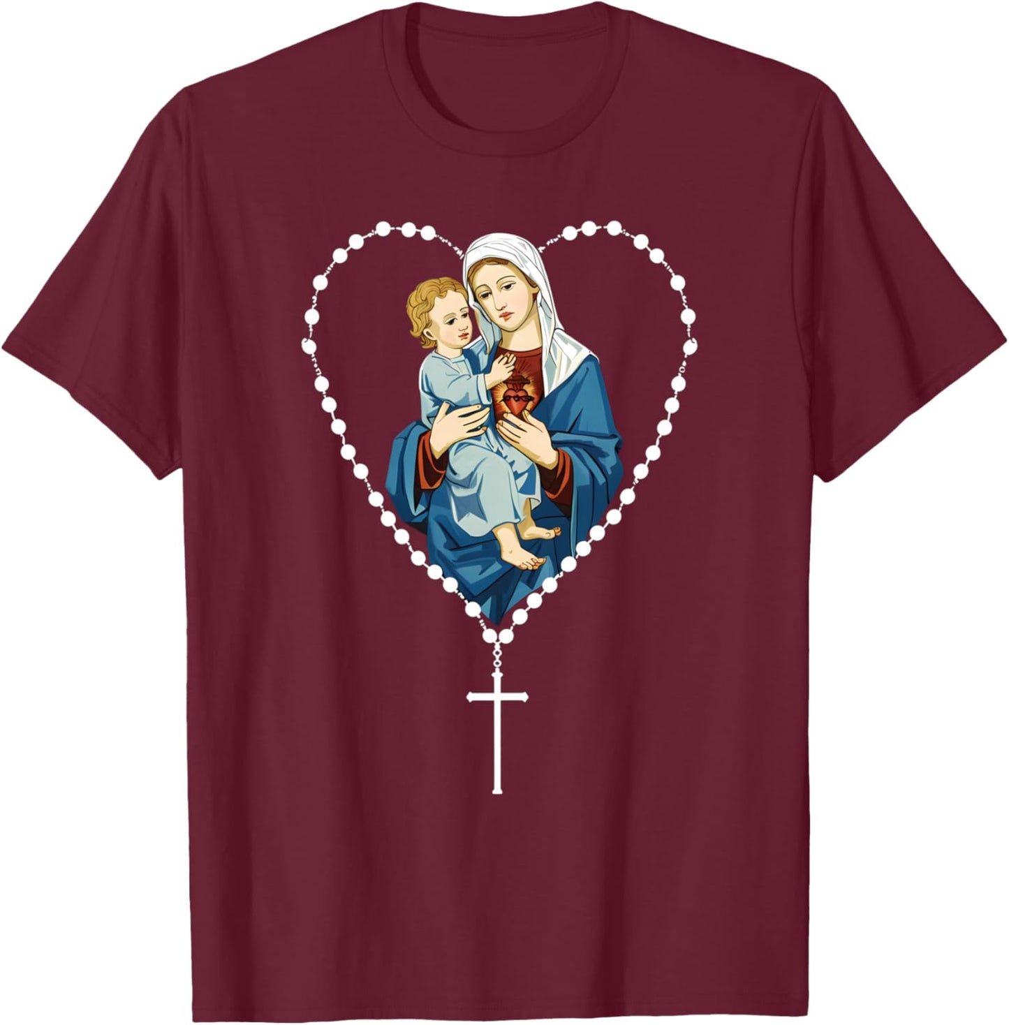 Saint Mary Mother of Jesus Mary With Baby Chist Christian T-Shirt - T-Shirt | Maroon