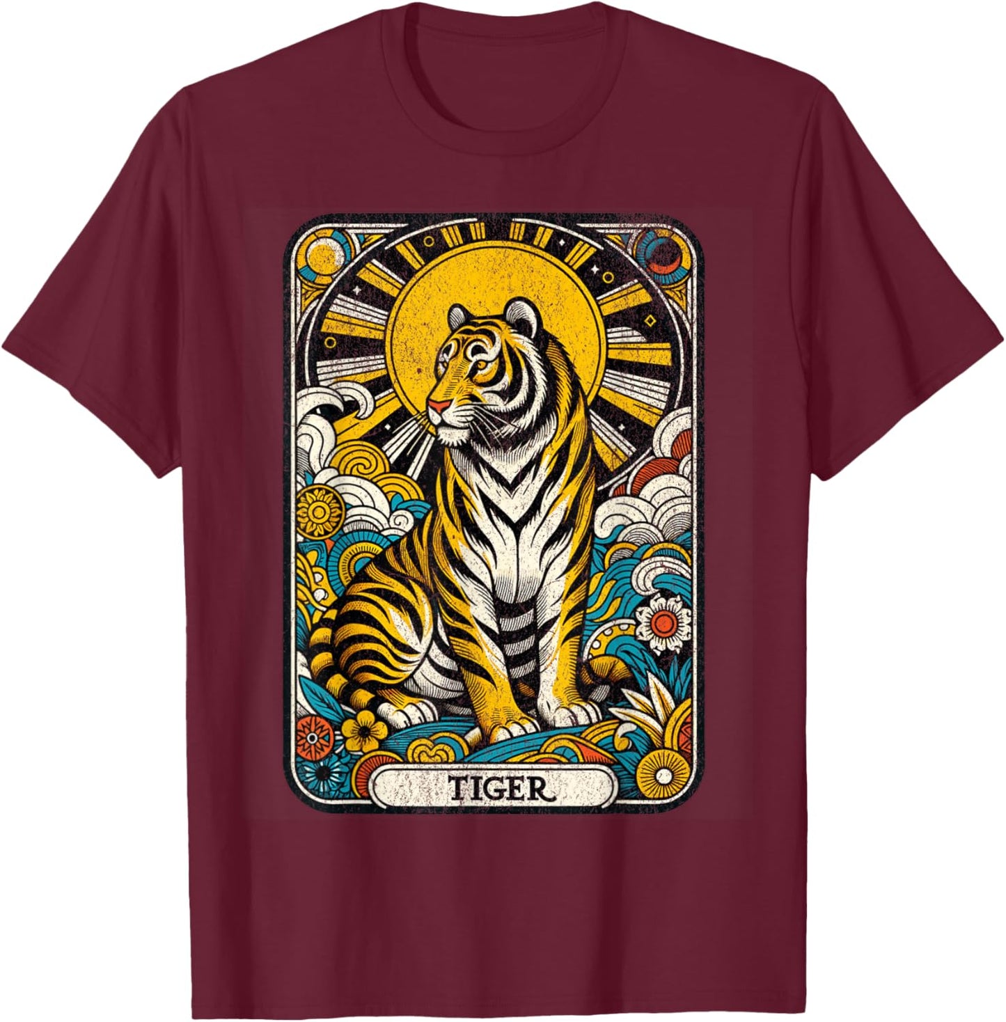Vintage Tiger Tarot Card Chinese Zodiac Tiger Spirit Animal T-Shirt - T-Shirt | Maroon