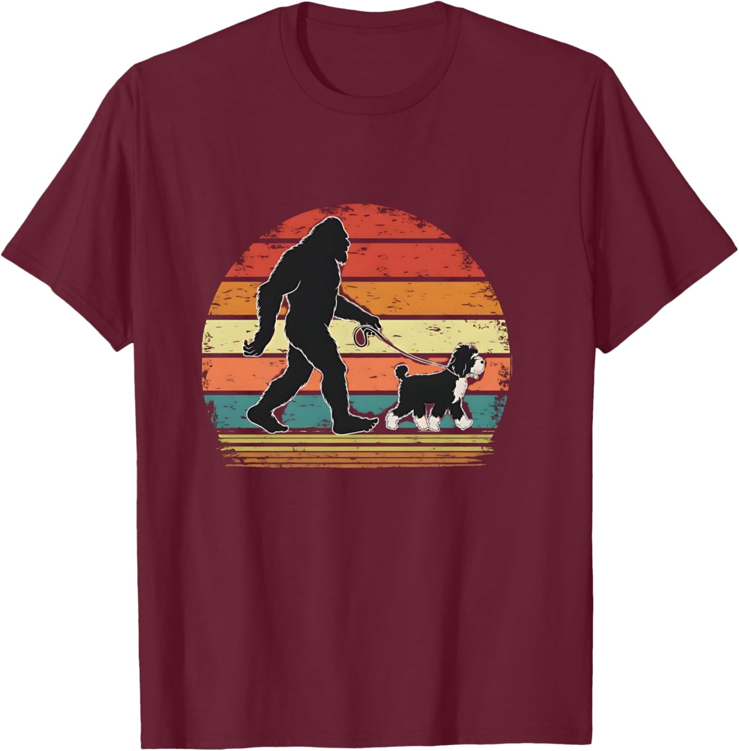 Bigfoot Walking a Dog Funny Bernedoodle Dog Dad T-Shirt - T-Shirt | Maroon