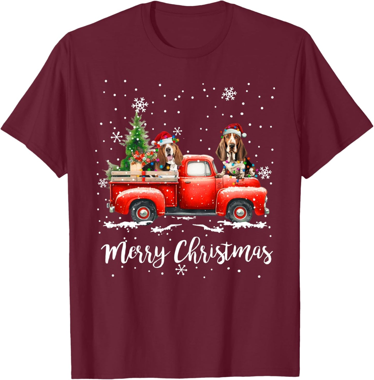 Basset Hound Red Truck Christmas Santa Hat Xmas Dog Lover T-Shirt - T-Shirt | Maroon