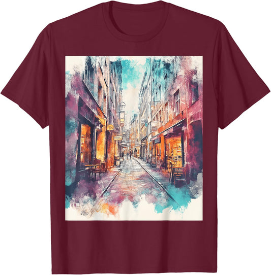 Vintage Urban Street Scene Art T-Shirt - T-Shirt | Maroon