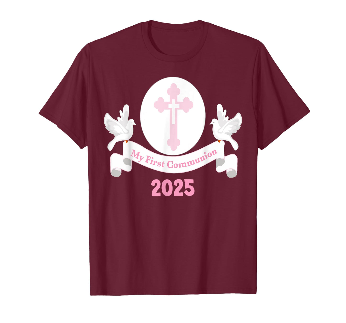 First Communion 2025 Girls Cross Pink Daughter Niece Kids T-Shirt
