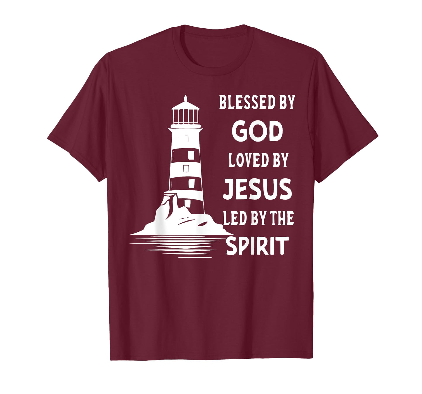 Jesus Shirts Apparel And Accessories - Blessed By God, Loved By Jesus, Led By The Holy Spirit - Christian Lighthouse T-Shirt - Unisex-Adults, Unisex-Kids - Black - Short Sleeve - Small - Classic Fit