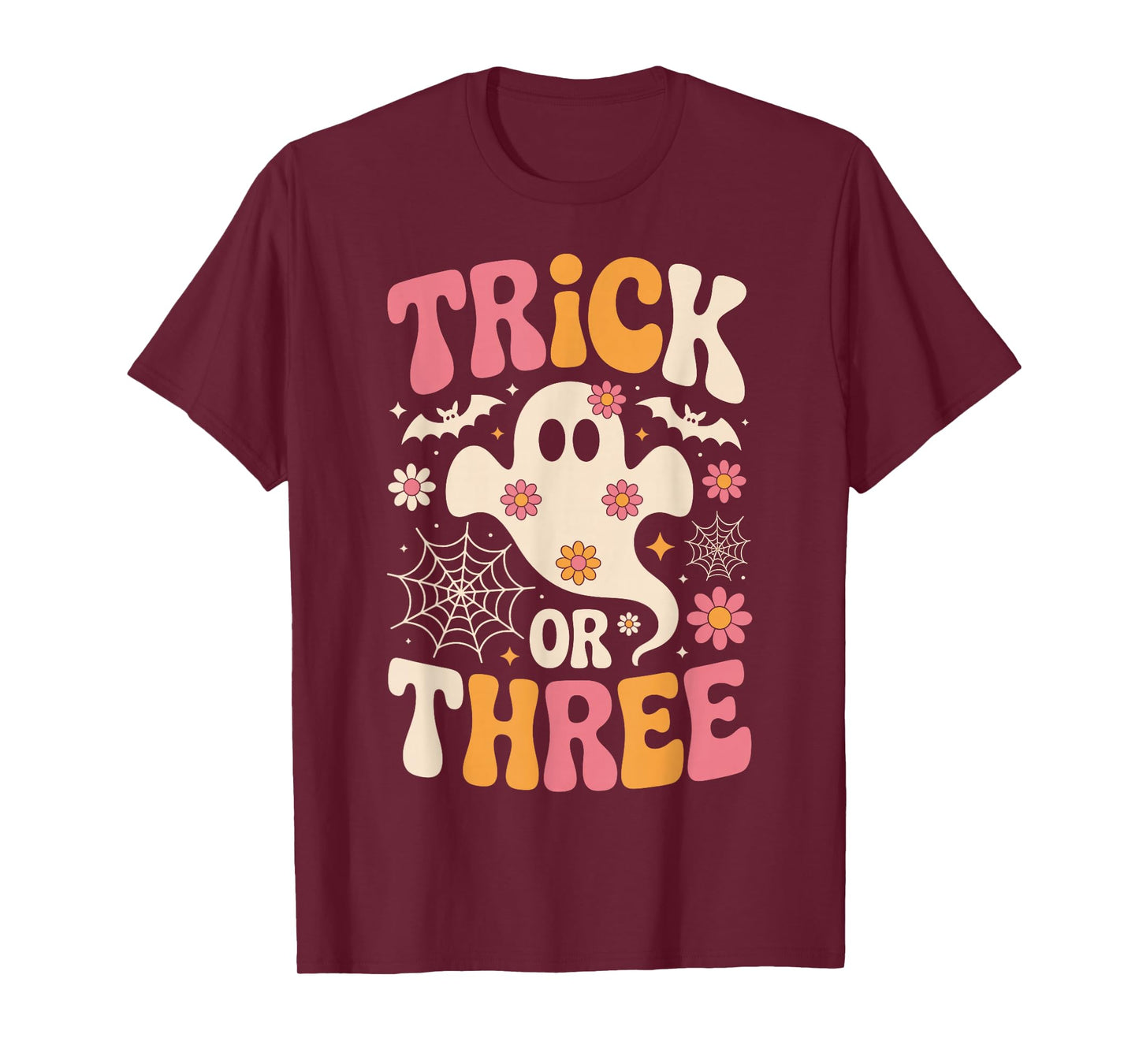 Trick Or Three 3 Years Old Birthday Groovy Ghost Halloween T-Shirt