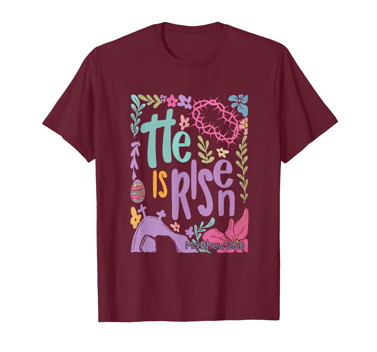 Retro Boho Floral He Is Risen Matthew 28:6 Easter Bible T-Shirt