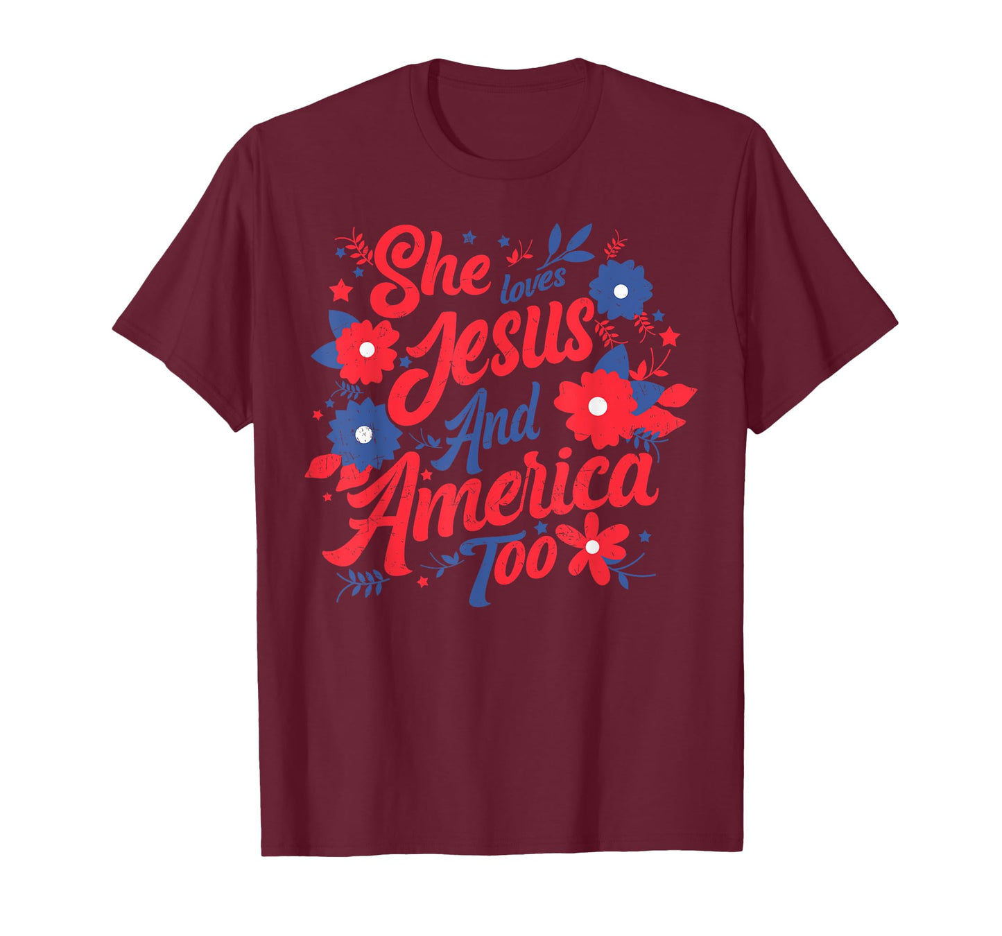 She Loves Jesus And America Too Christian Floral 4th of July T-Shirt