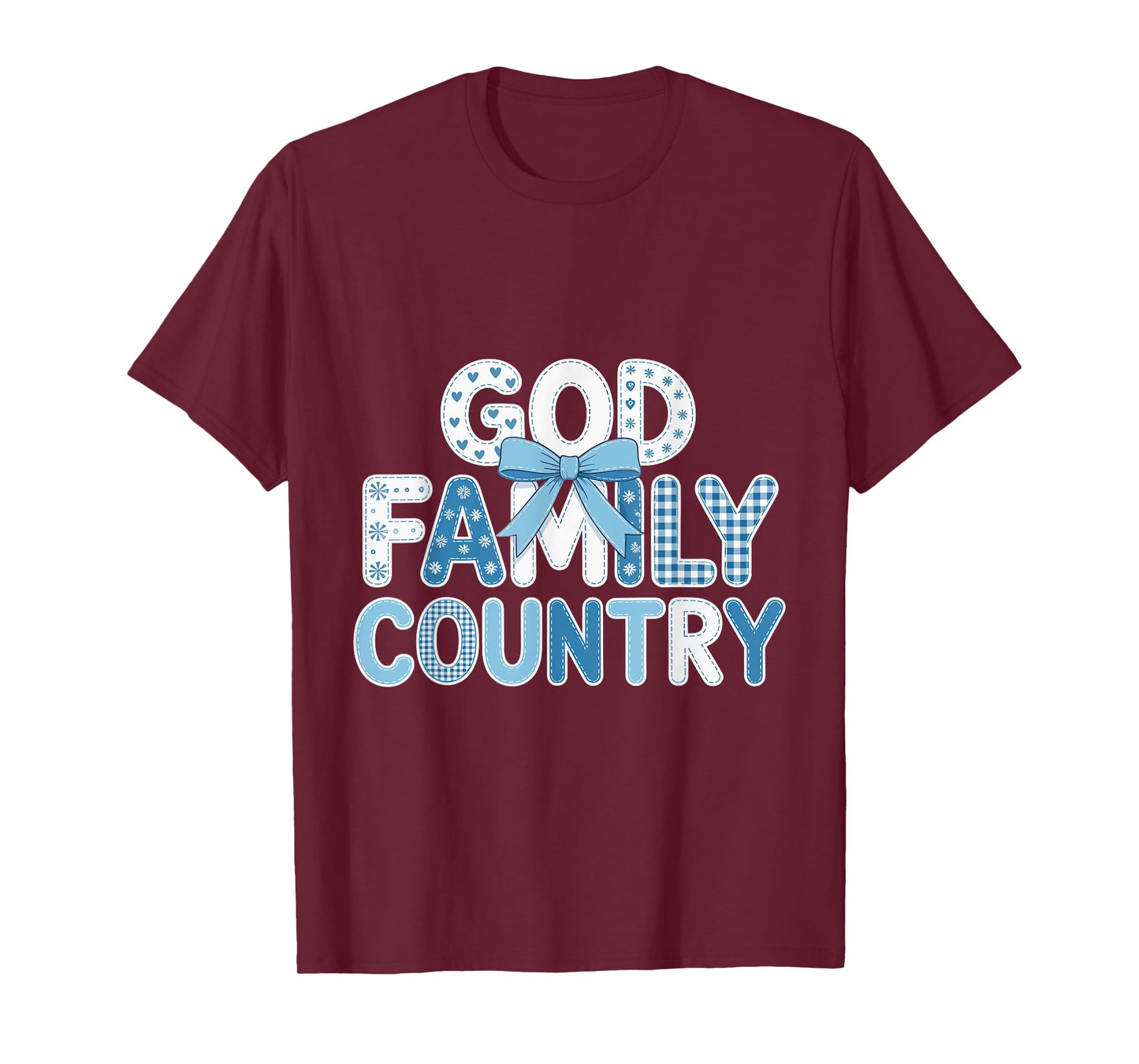 God Family Country - Patriotic Coquette Toile Blue Bow T-Shirt