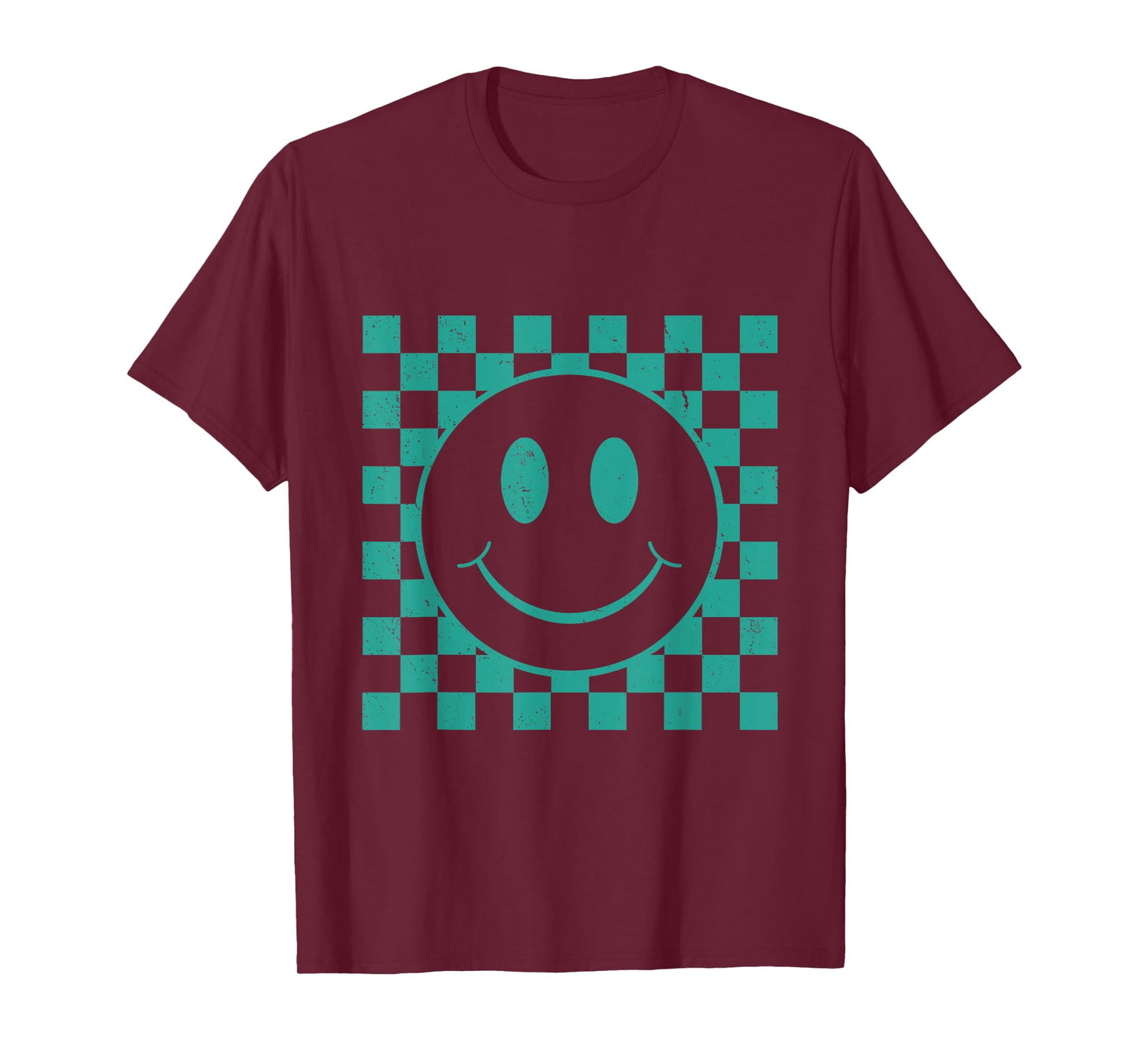 Cute Retro Happy Funny Teal Green Smile Face Checkered T-Shirt