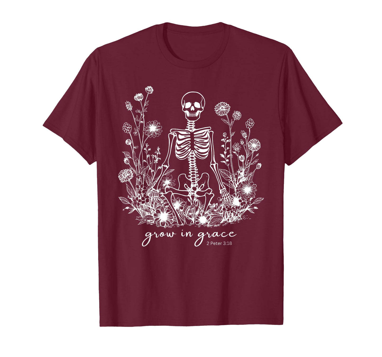 Grow in Grace Floral Skeleton Christian Religious Halloween T-Shirt