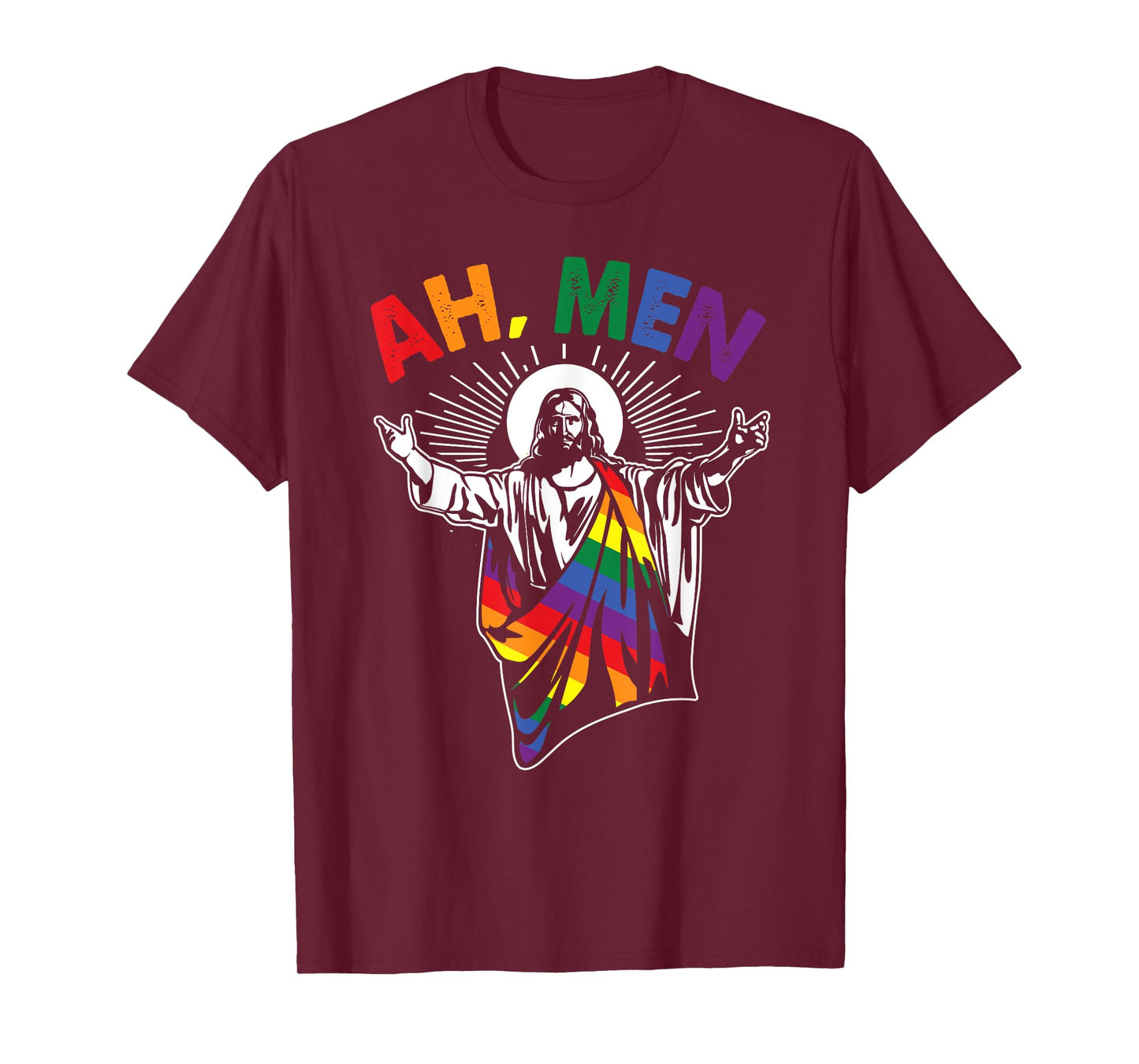 Ah Men Funny LGBT Gay Pride Jesus Rainbow Flag Christian Short Sleeve T-Shirt