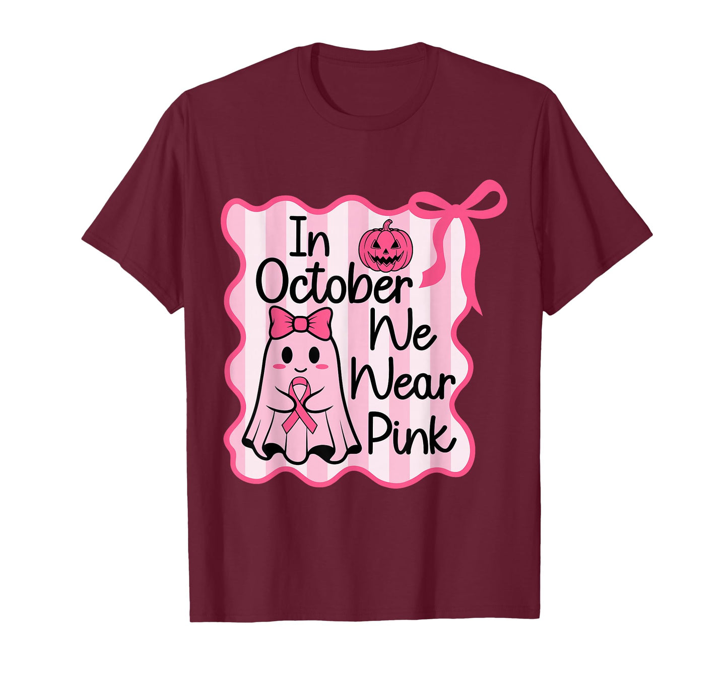 in October We Wear Pink Cute Ghost Halloween Coquette Bow T-Shirt