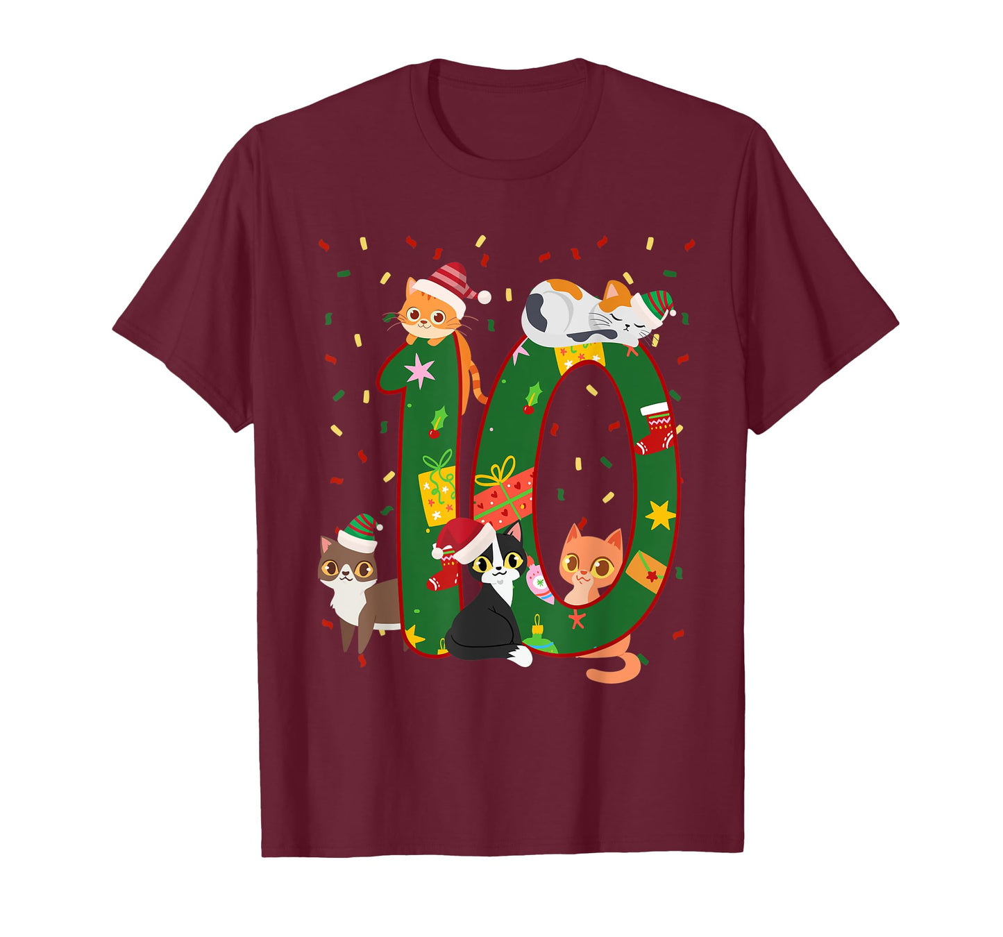 10 Years Old Kids Xmas Cute Cats 10th Birthday Christmas T-Shirt