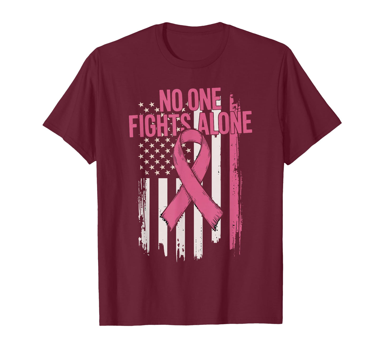 No One Fights Breast Cancer Alone American Flag Pink Ribbon T-Shirt