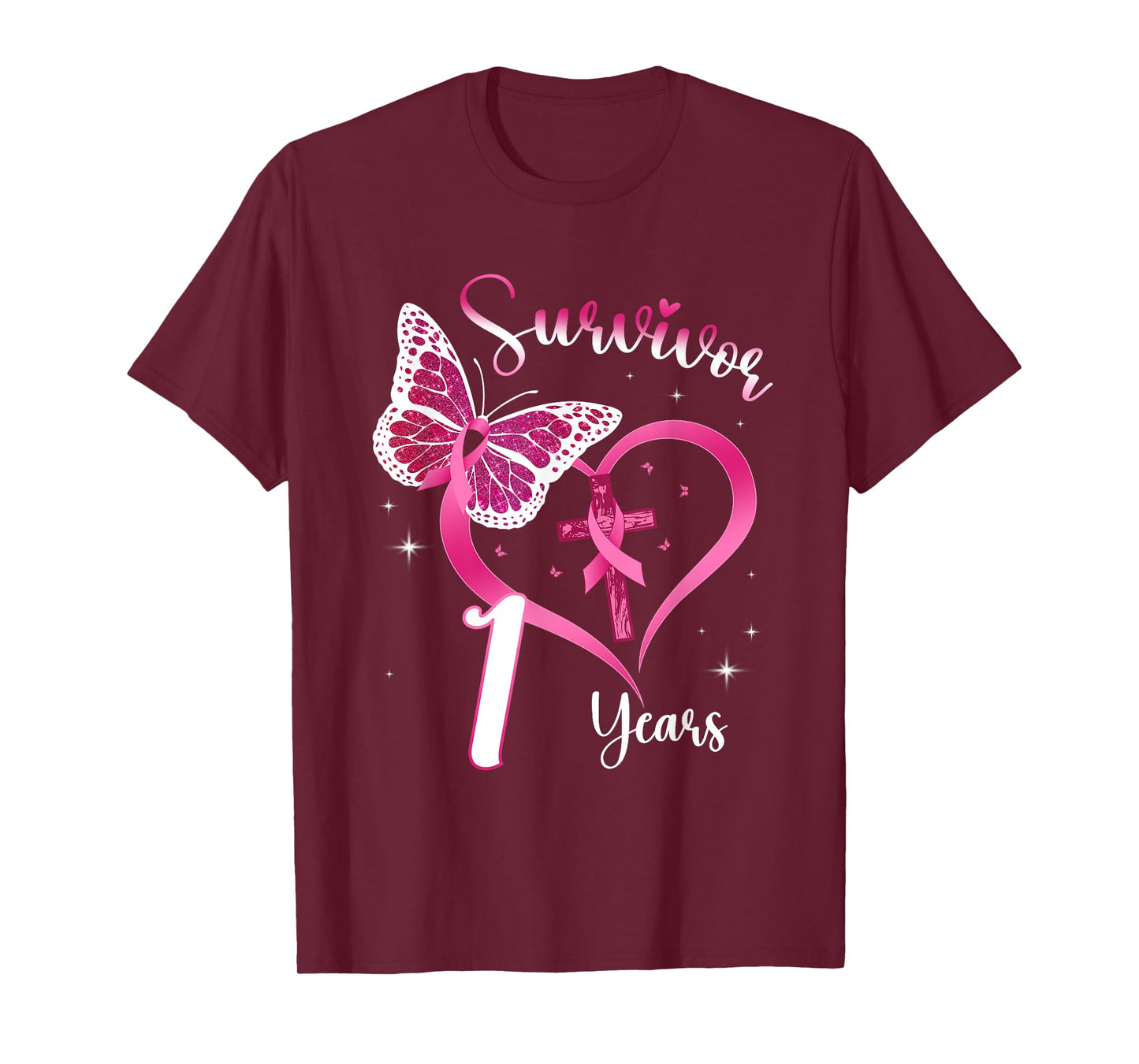 Breast Cancer Survivor Pink Ribbon Butterfly 1 Years Gift T-Shirt