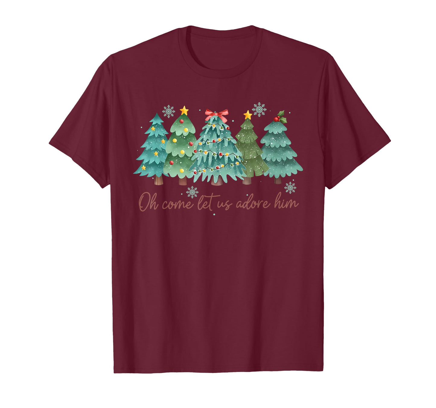 Oh Come Let US Adore Him Funny Christian Christmas Tree Bow T-Shirt