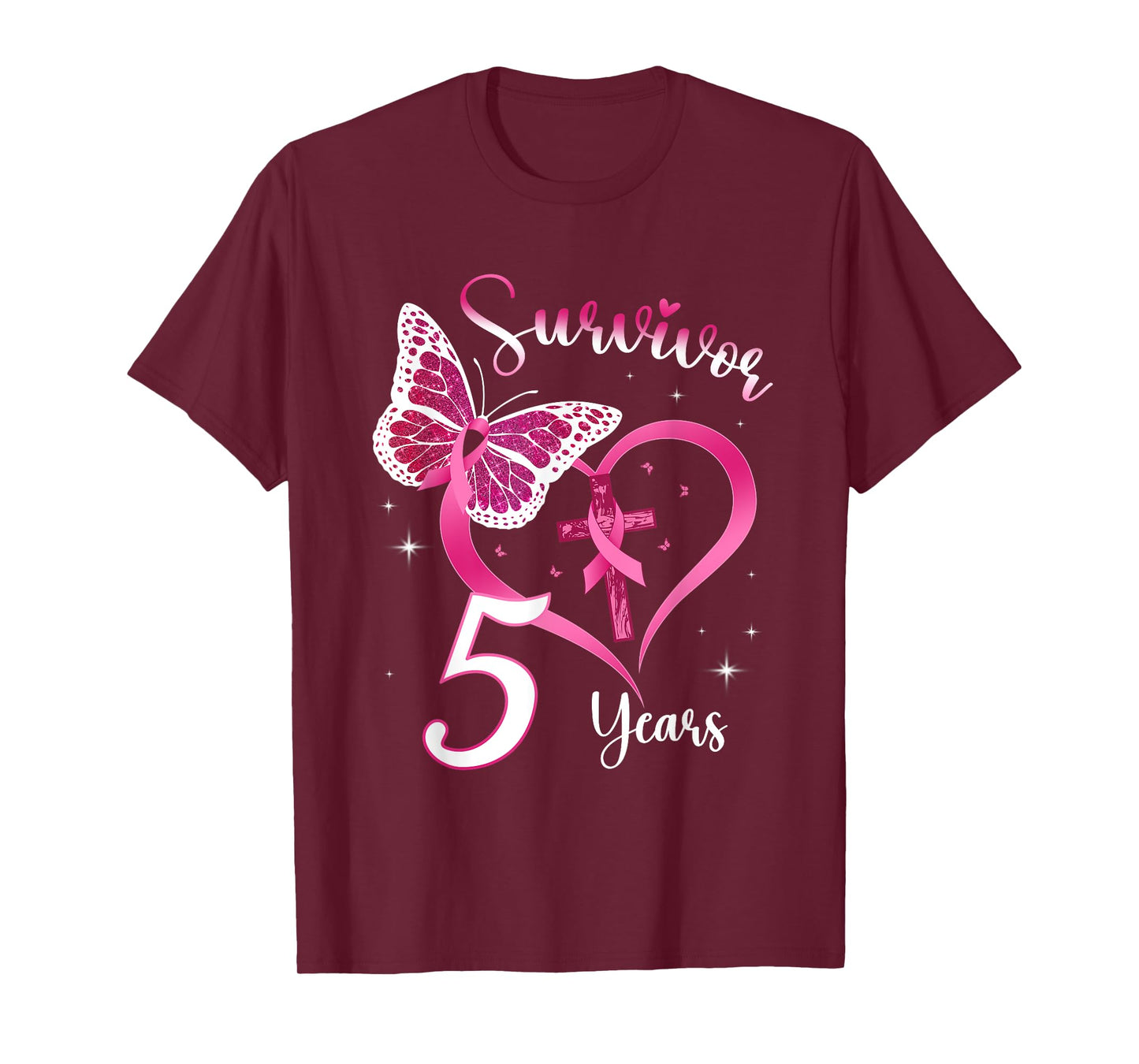 Breast Cancer Survivor Pink Ribbon Butterfly 5 Years Gift T-Shirt