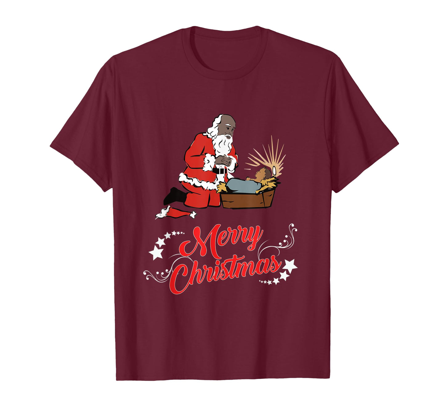 Dark Skin Santa Kneeling And Praying At The Feet Of Jesus T-Shirt