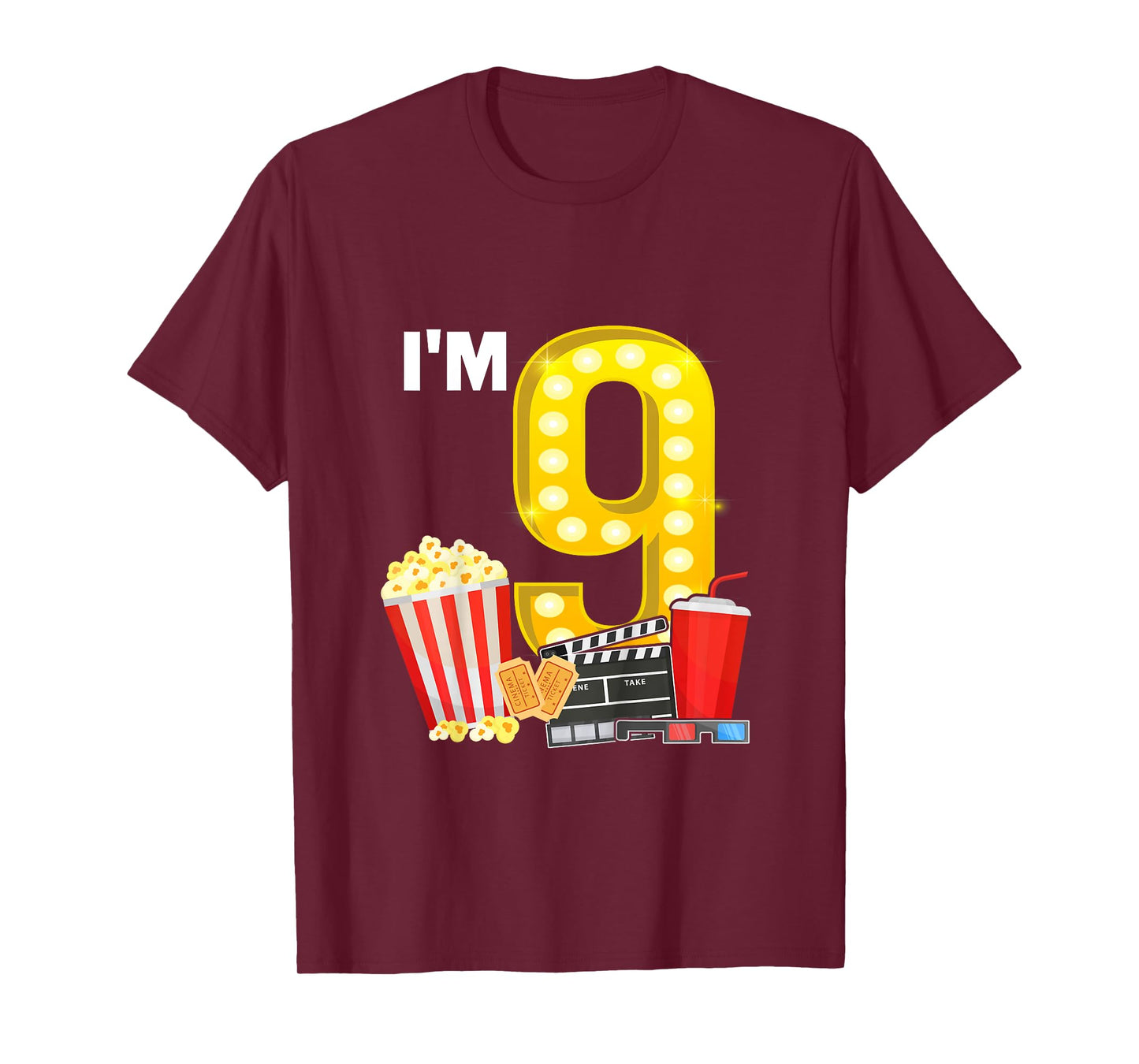9th Birthday Movie Night Popcorn 9 Years Old Cinema T-Shirt